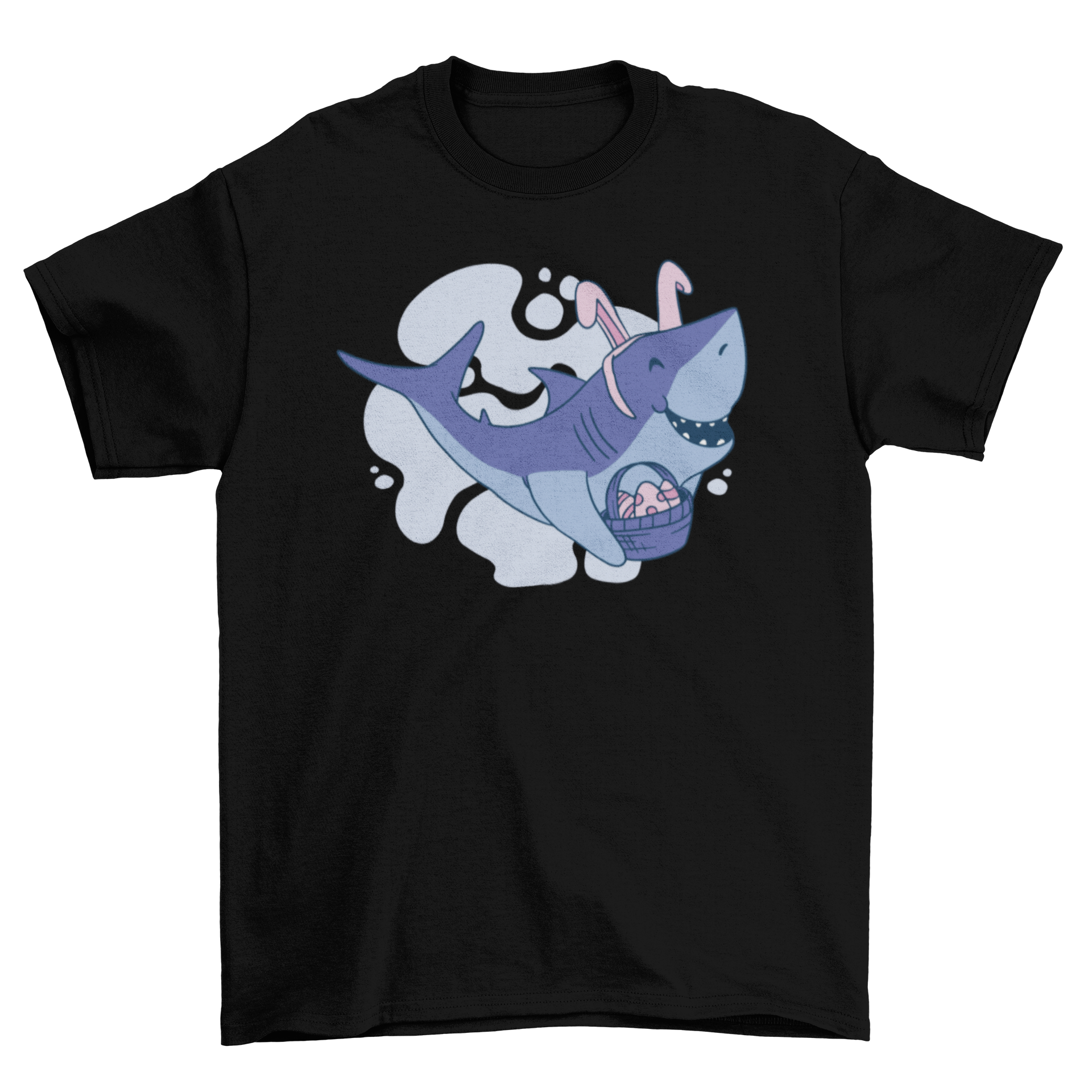 Cute Easter shark cartoon t-shirt featuring a shark with bunny ears and a basket of Easter eggs.