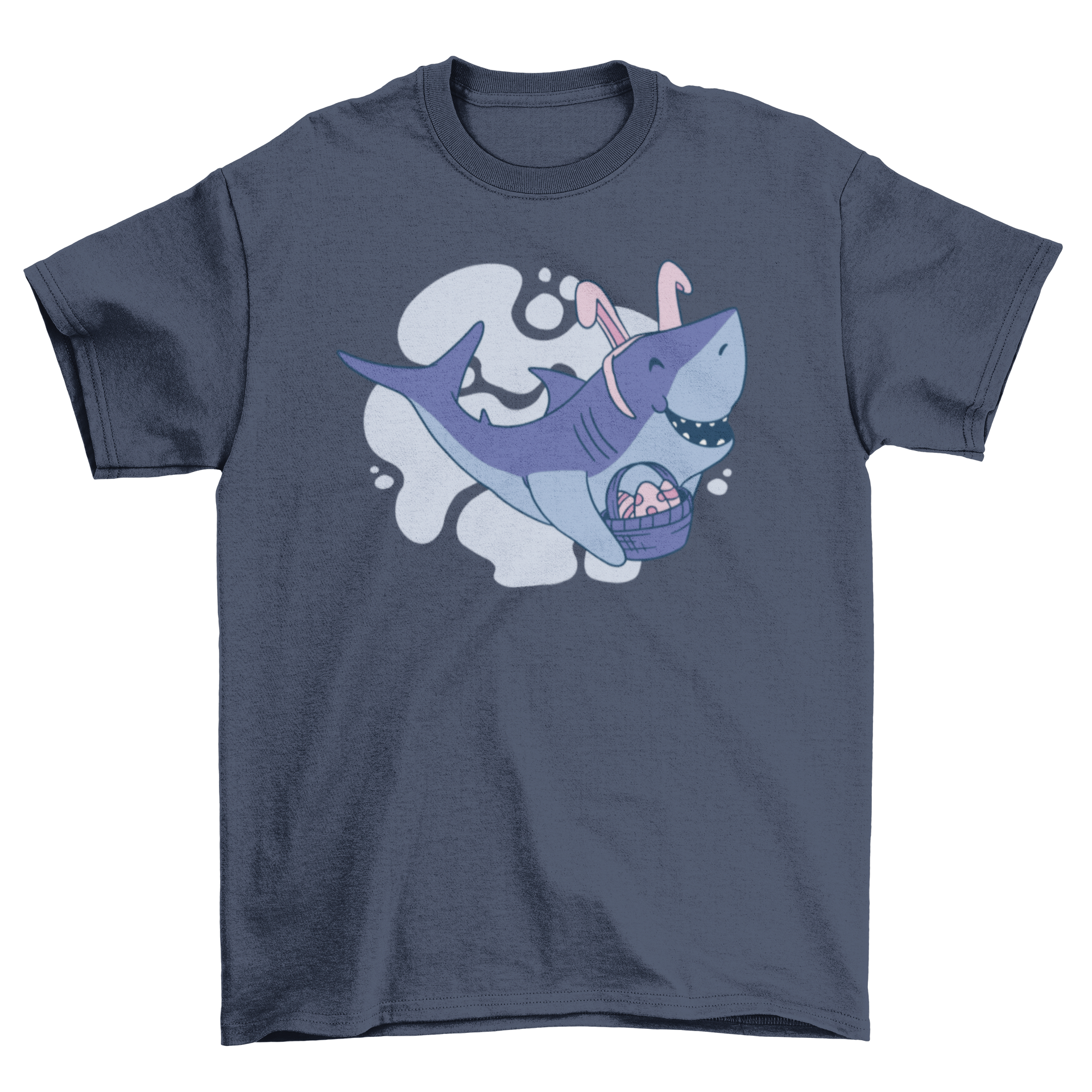 Cute Easter shark cartoon t-shirt featuring a shark with bunny ears and a basket of Easter eggs.