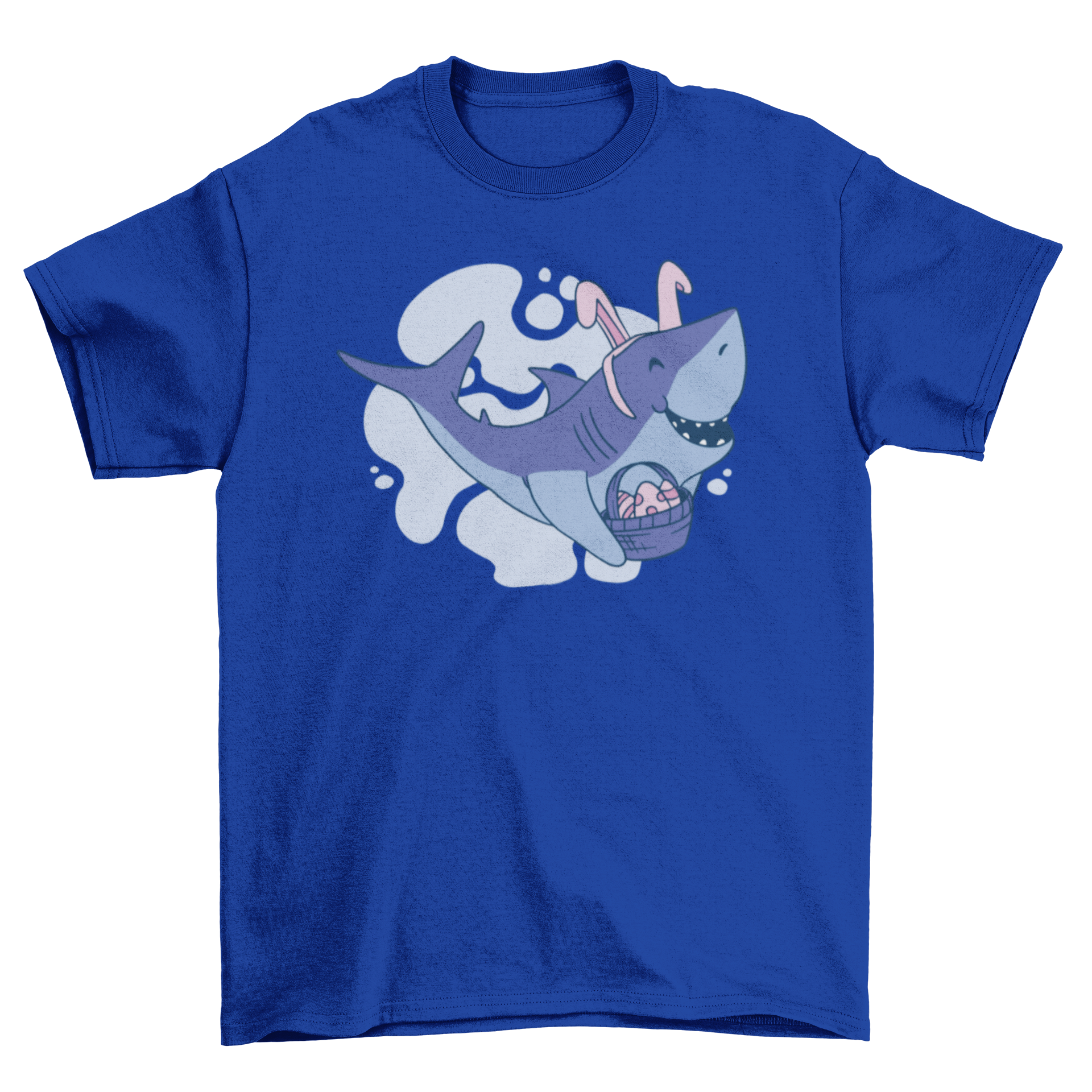 Cute Easter shark cartoon t-shirt featuring a shark with bunny ears and a basket of Easter eggs.