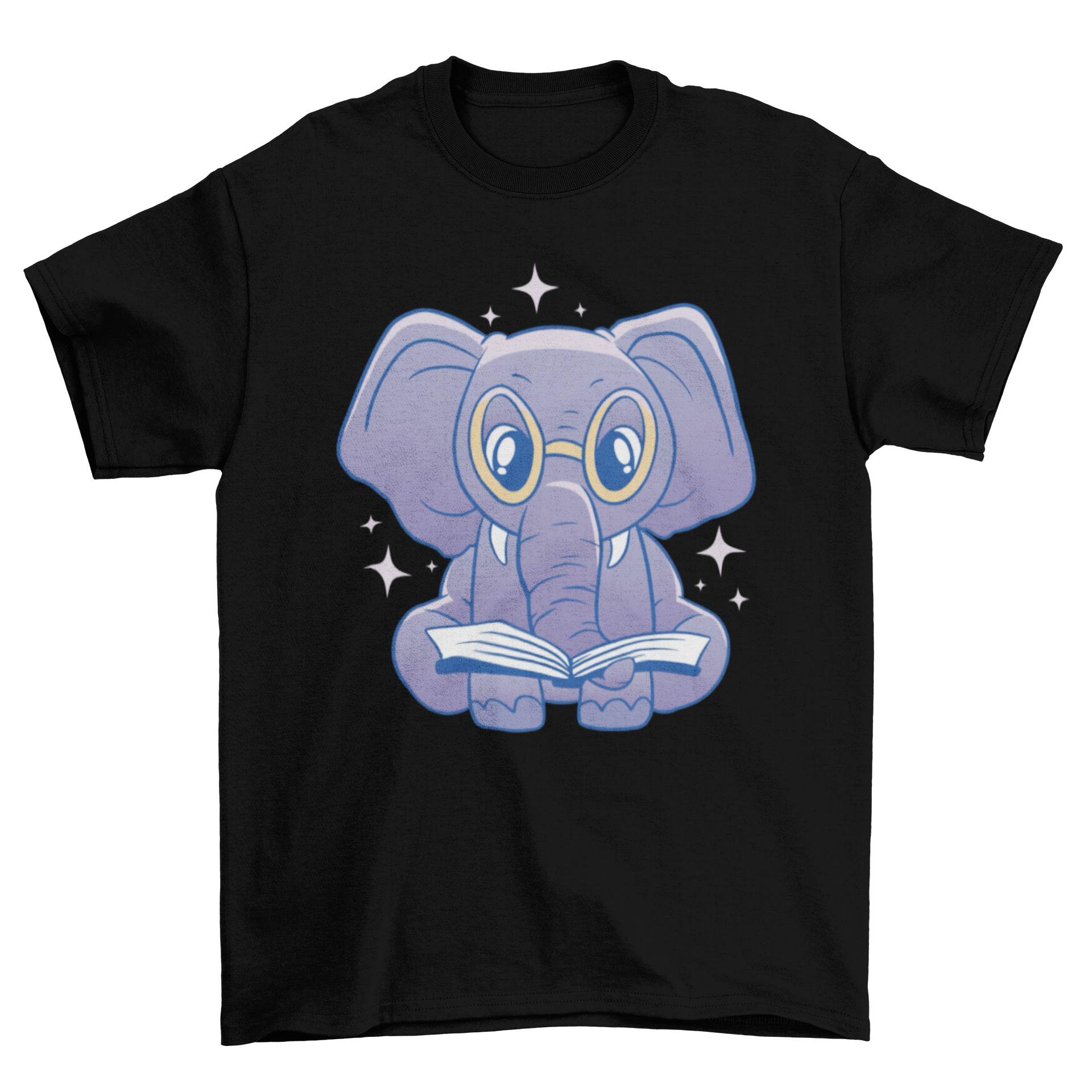 Cute t-shirt design featuring an elephant with reading glasses holding a book.