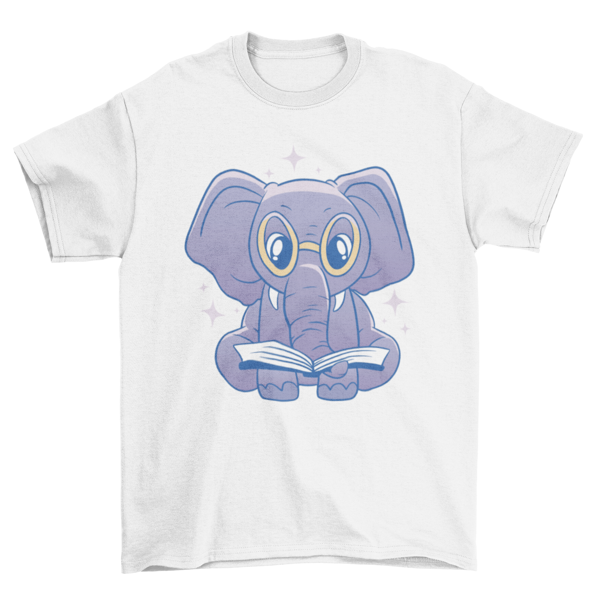 Cute t-shirt design featuring an elephant with reading glasses holding a book.