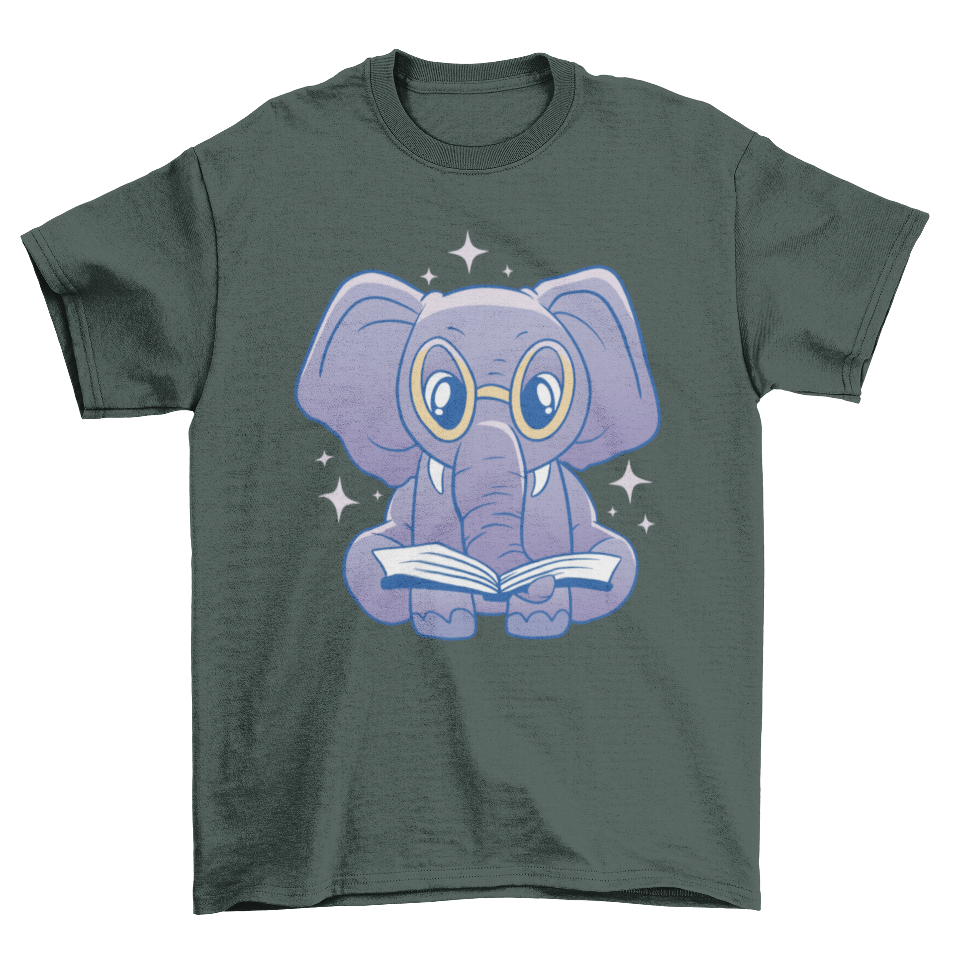 Cute t-shirt design featuring an elephant with reading glasses holding a book.