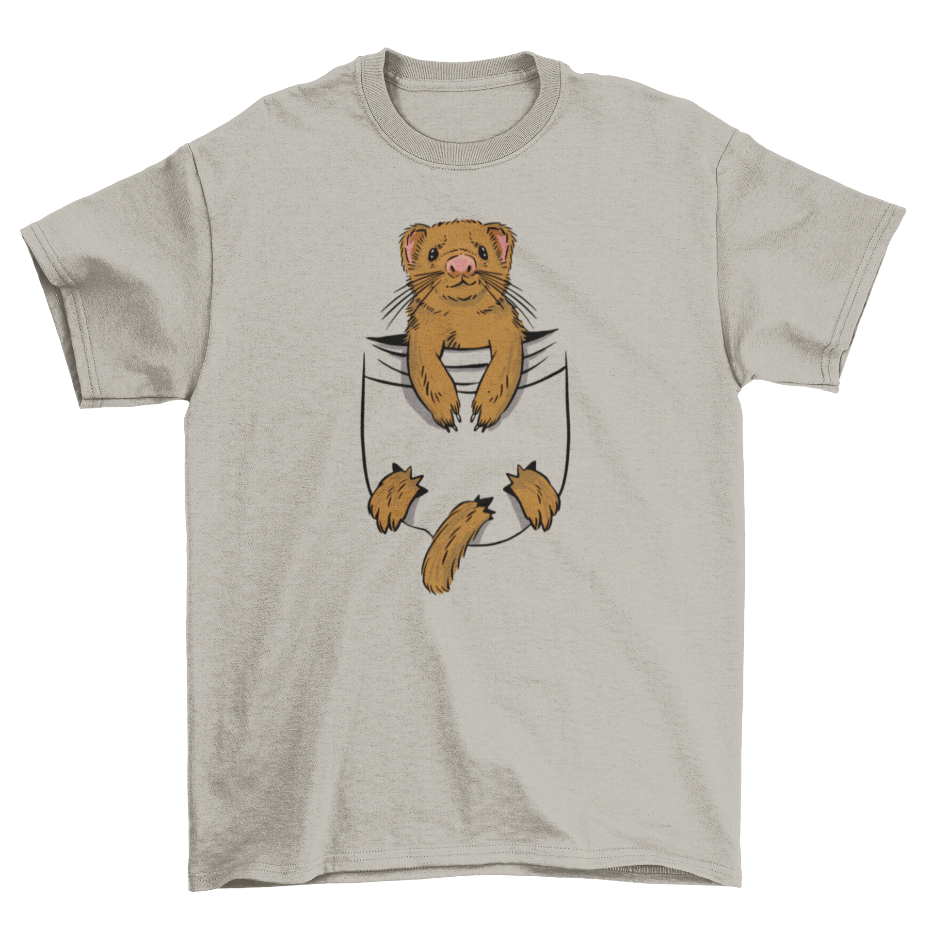 A cute t-shirt featuring a playful ferret design peeking out of a pocket, perfect for animal lovers.