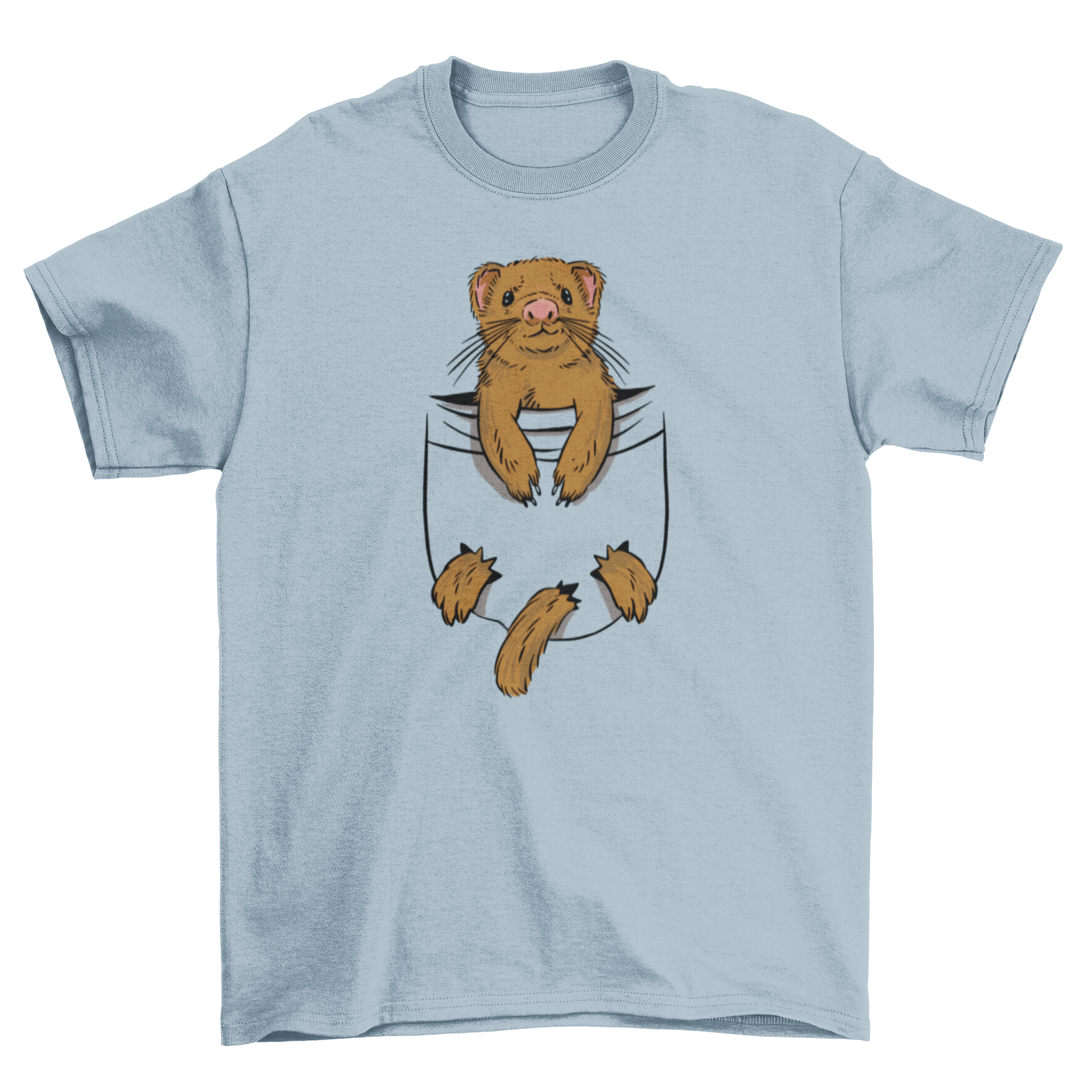 A cute t-shirt featuring a playful ferret design peeking out of a pocket, perfect for animal lovers.