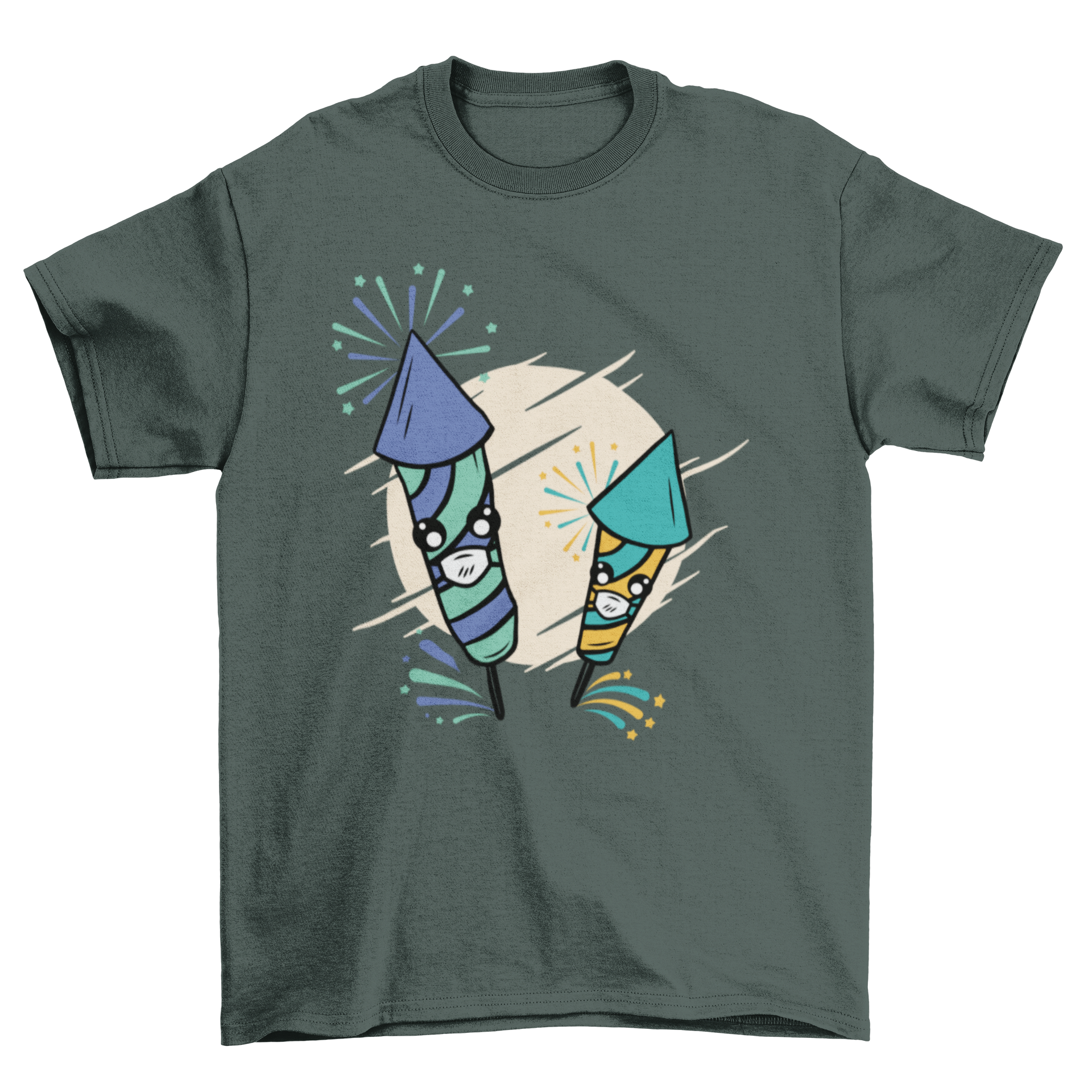 Cute fireworks t-shirt featuring two colorful fireworks wearing facemasks, perfect for festive occasions.