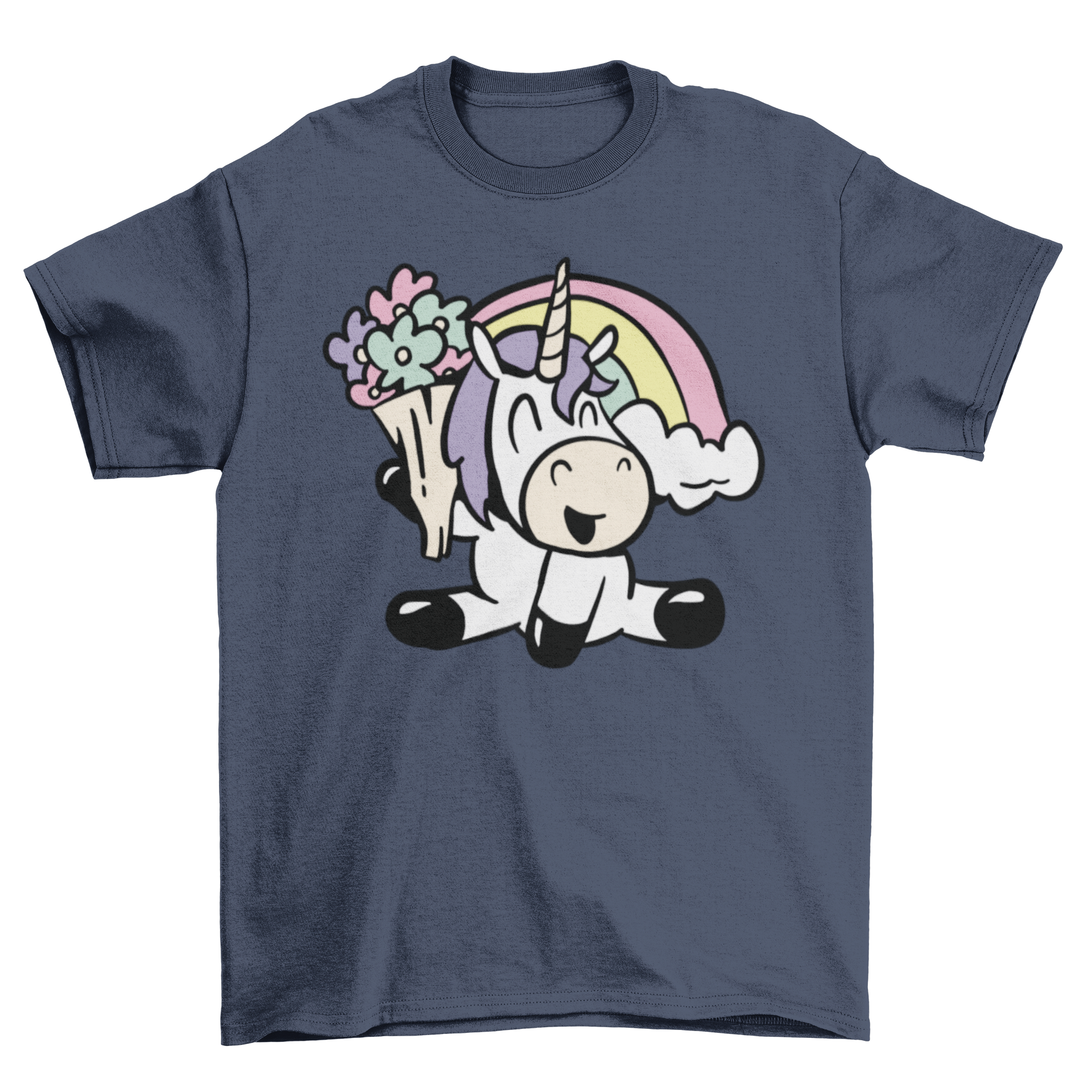 Cute flower unicorn t-shirt featuring a whimsical unicorn holding colorful flowers.