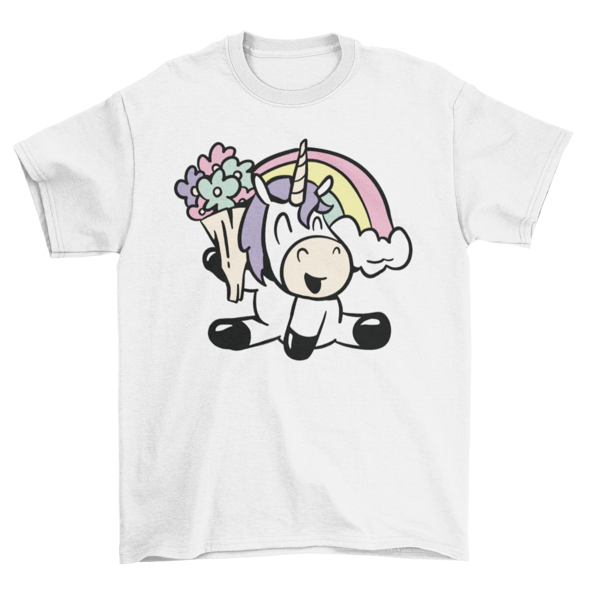 Cute flower unicorn t-shirt featuring a whimsical unicorn holding colorful flowers.