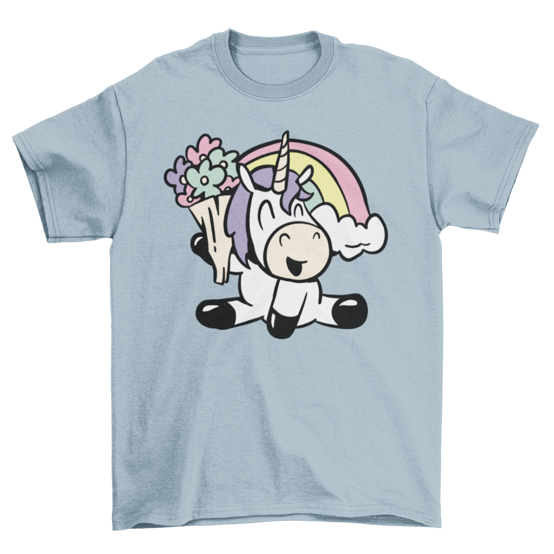 Cute flower unicorn t-shirt featuring a whimsical unicorn holding colorful flowers.