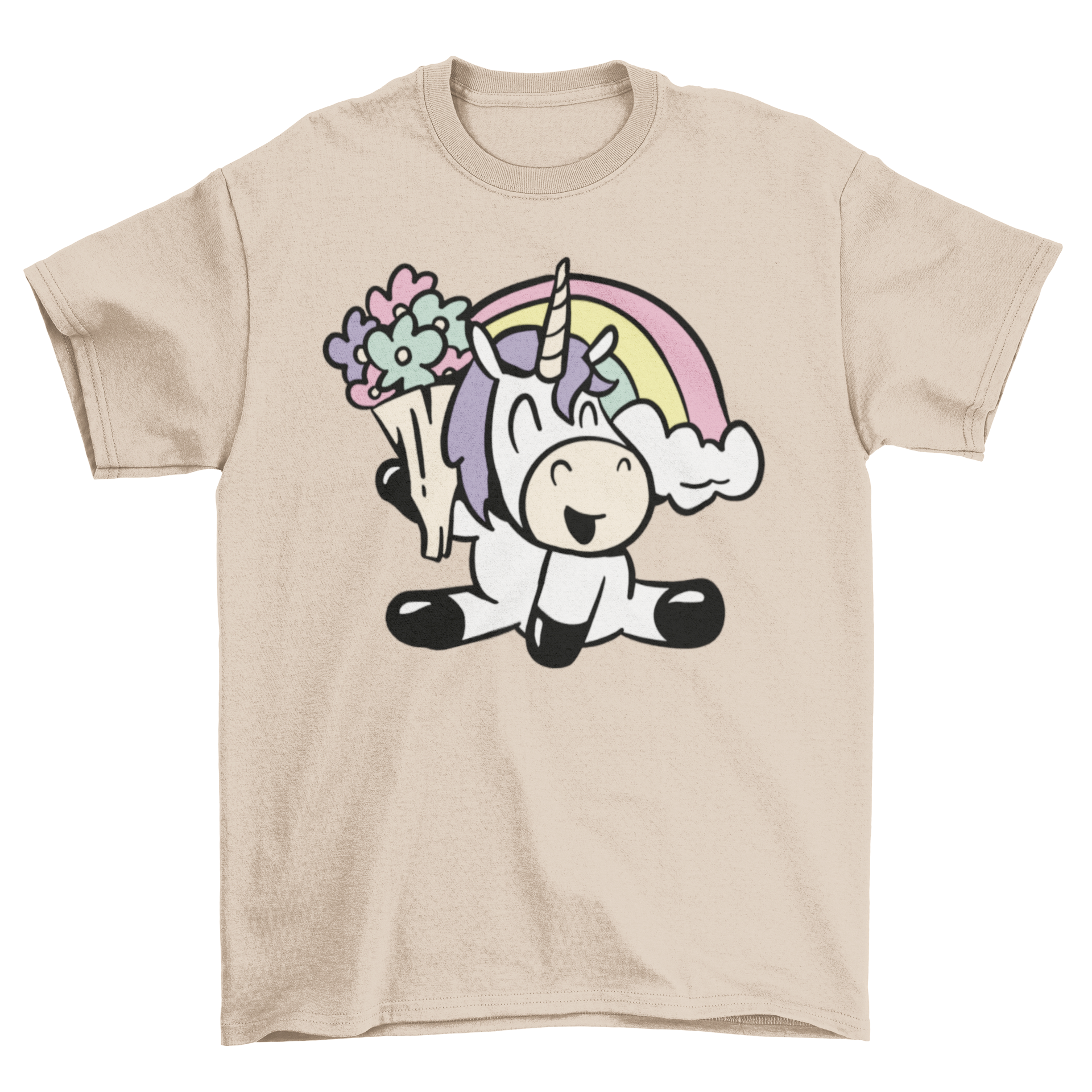 Cute flower unicorn t-shirt featuring a whimsical unicorn holding colorful flowers.