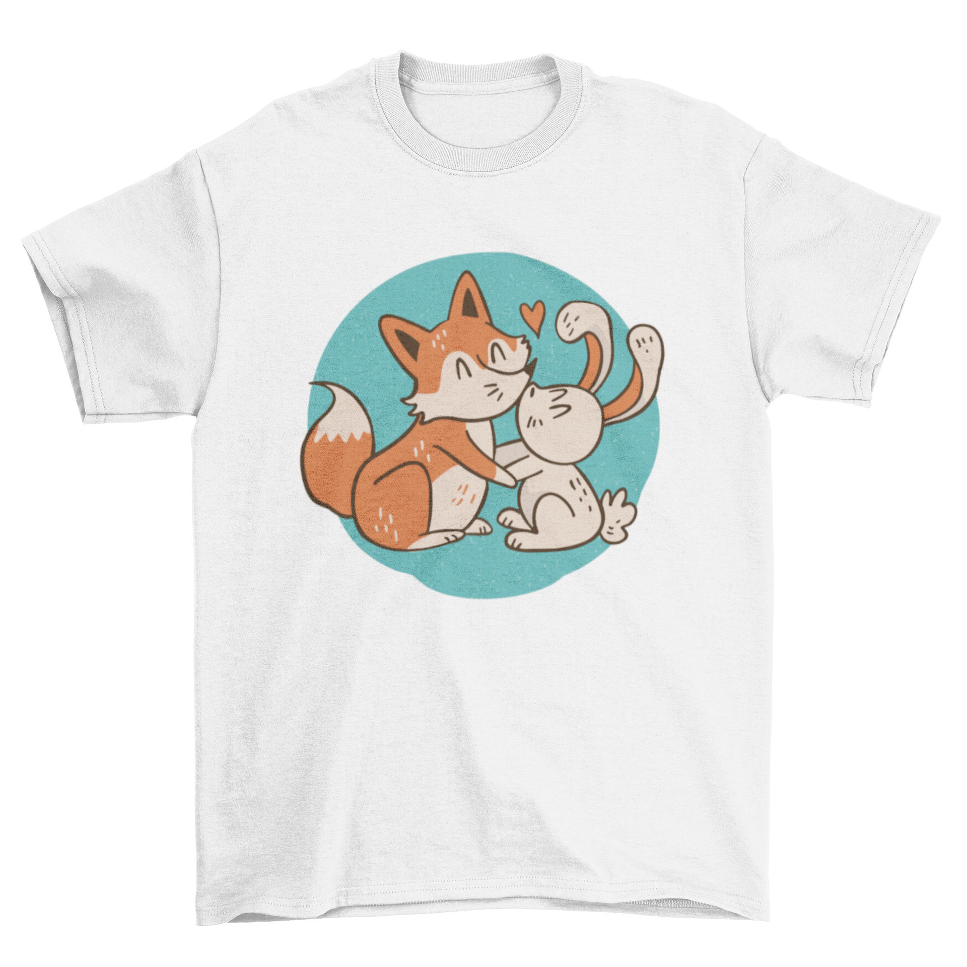 Cute fox and rabbit kissing on a t-shirt, showcasing a whimsical design.