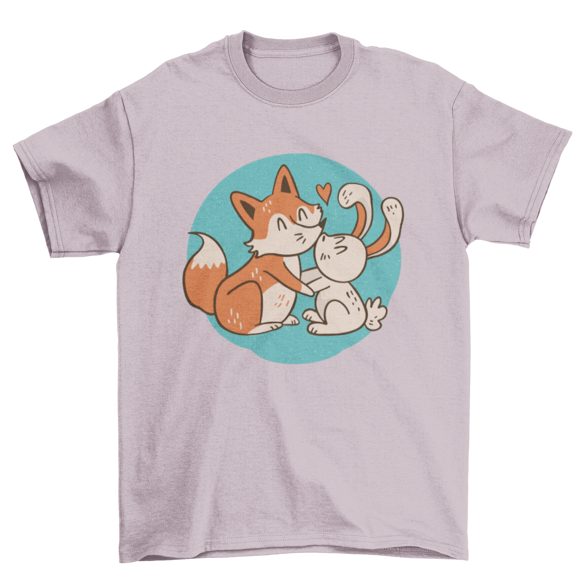 Cute fox and rabbit kissing on a t-shirt, showcasing a whimsical design.