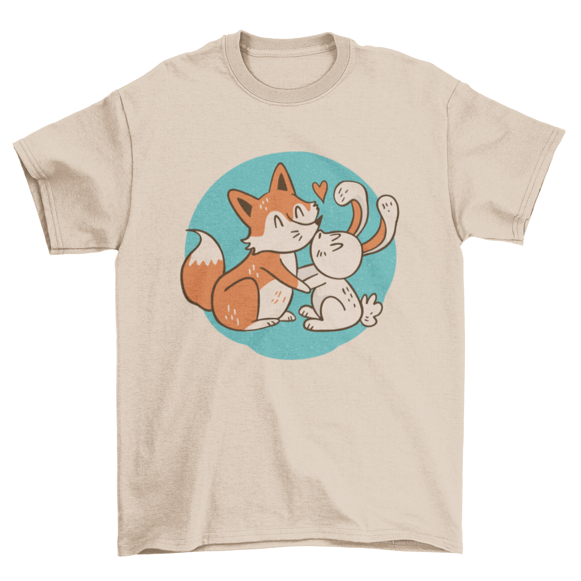 Cute fox and rabbit kissing on a t-shirt, showcasing a whimsical design.