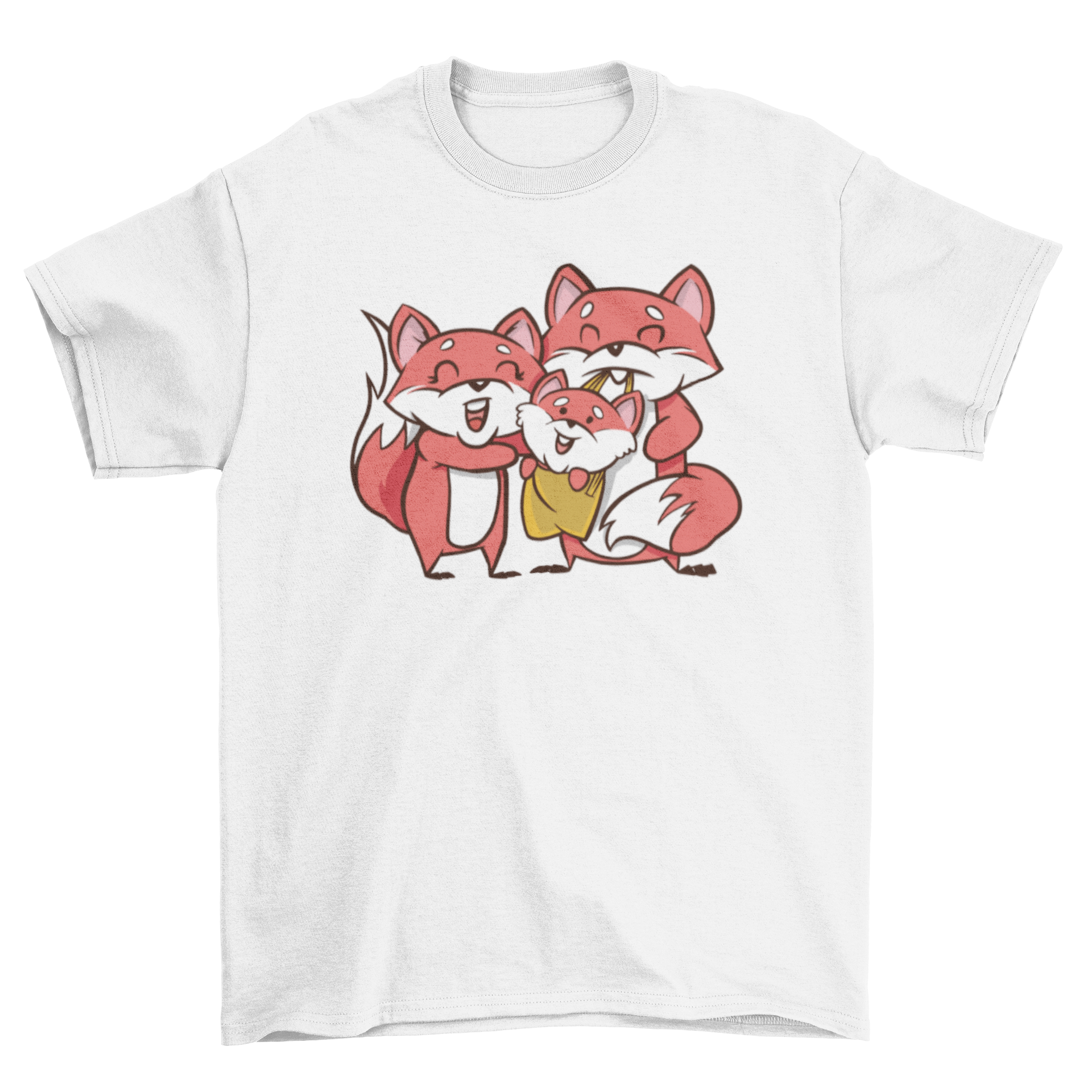 Cute t-shirt featuring an illustration of a fox family, showcasing vibrant colors and intricate details.