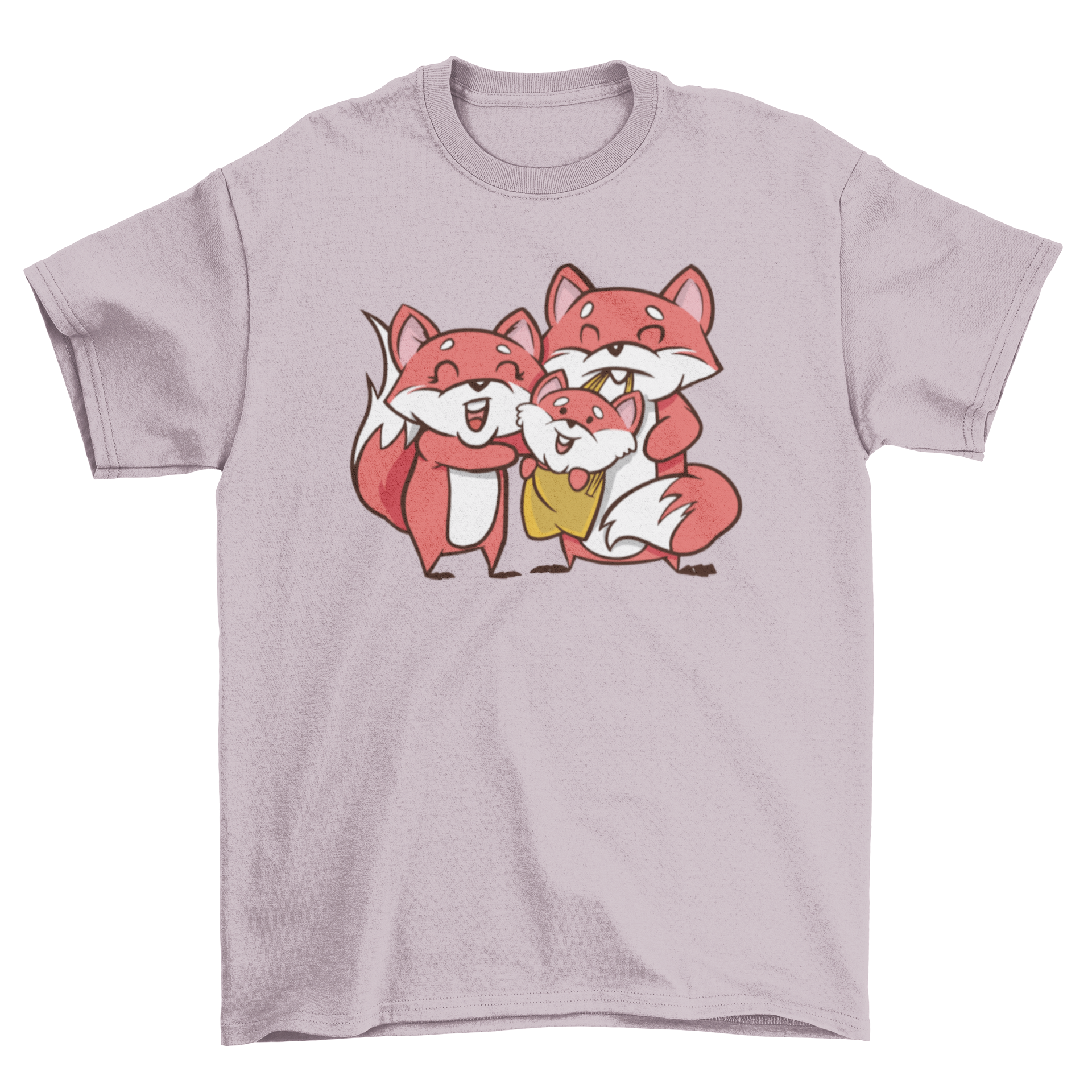 Cute t-shirt featuring an illustration of a fox family, showcasing vibrant colors and intricate details.