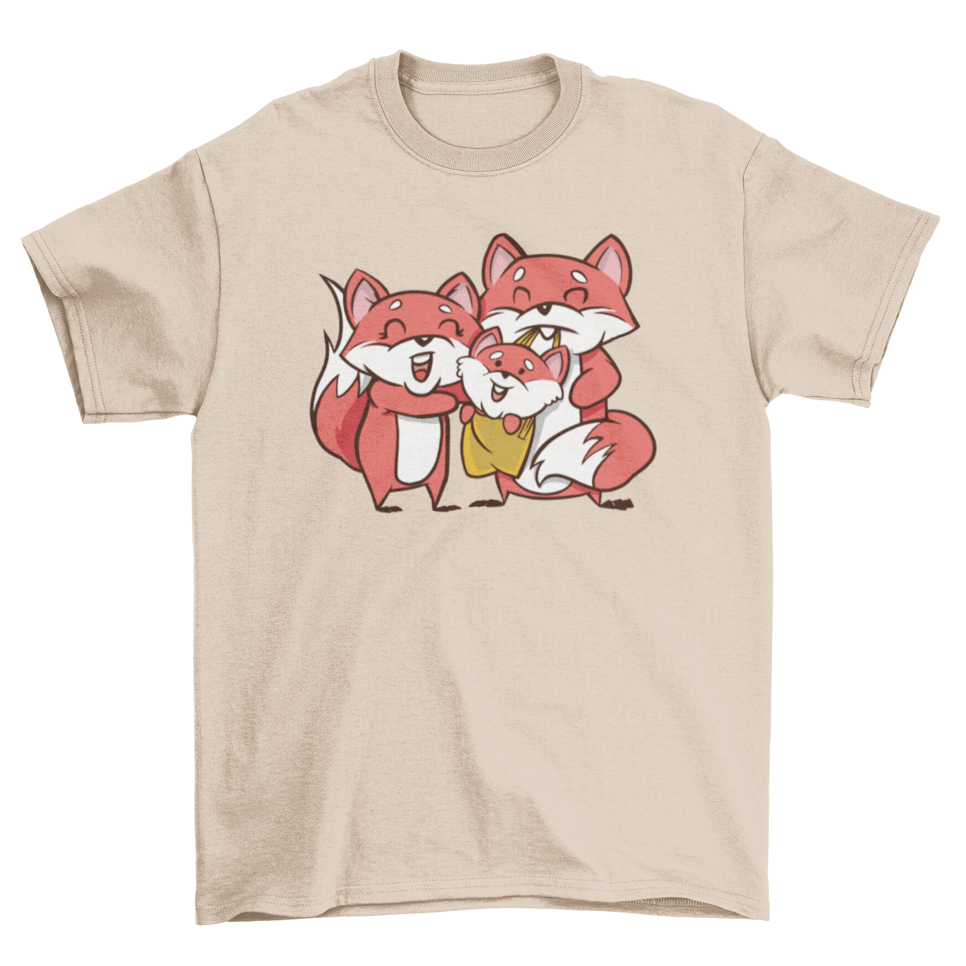 Cute t-shirt featuring an illustration of a fox family, showcasing vibrant colors and intricate details.