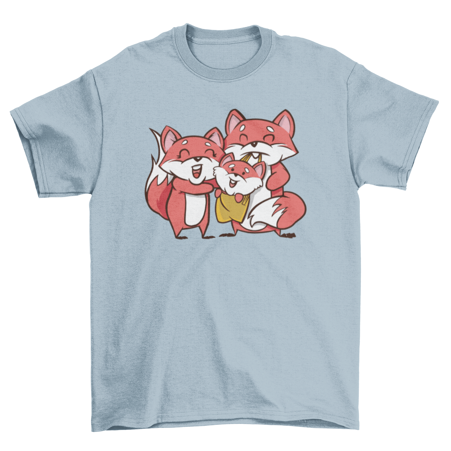 Cute t-shirt featuring an illustration of a fox family, showcasing vibrant colors and intricate details.