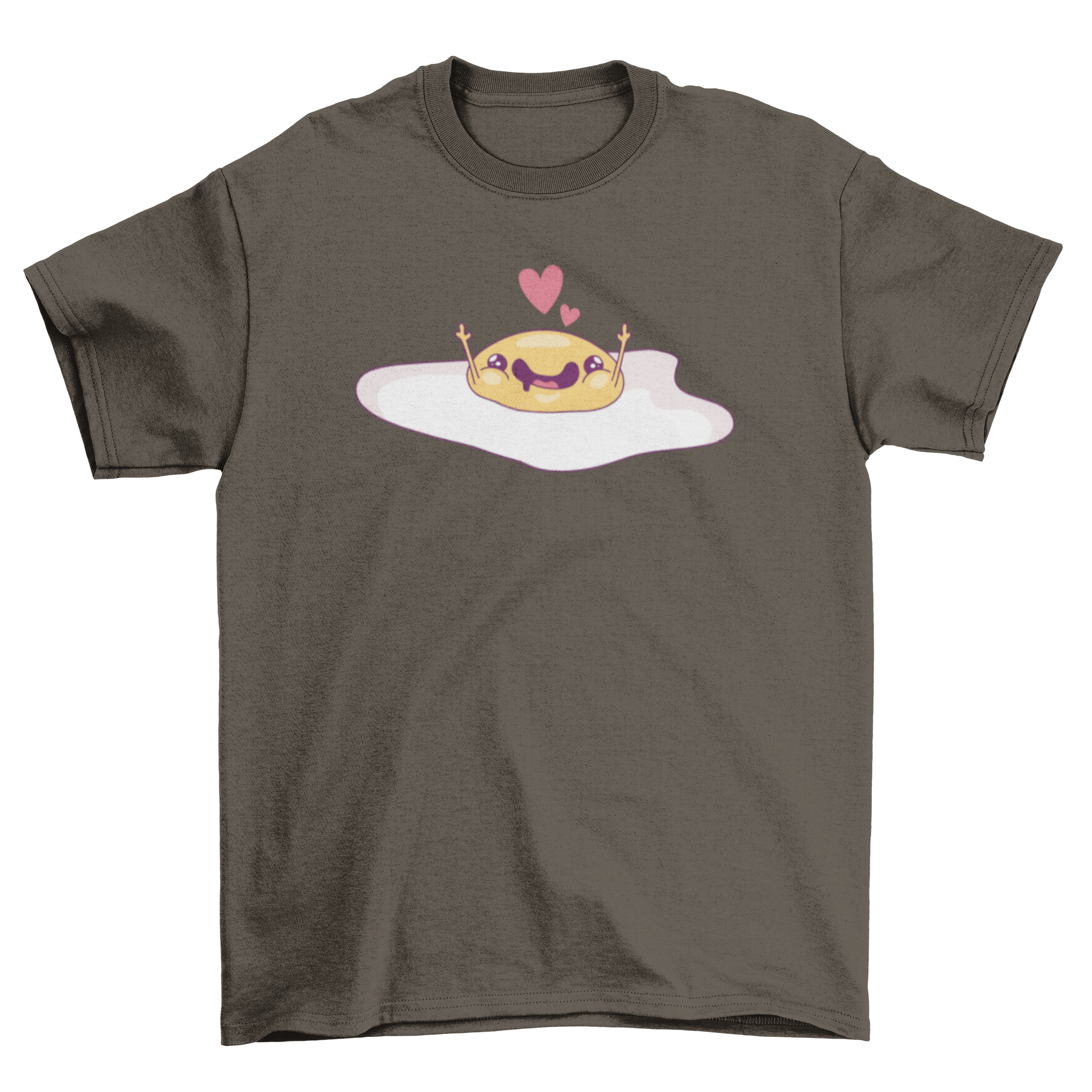 A cute fried egg graphic printed on a soft t-shirt, showcasing a playful design perfect for casual wear.