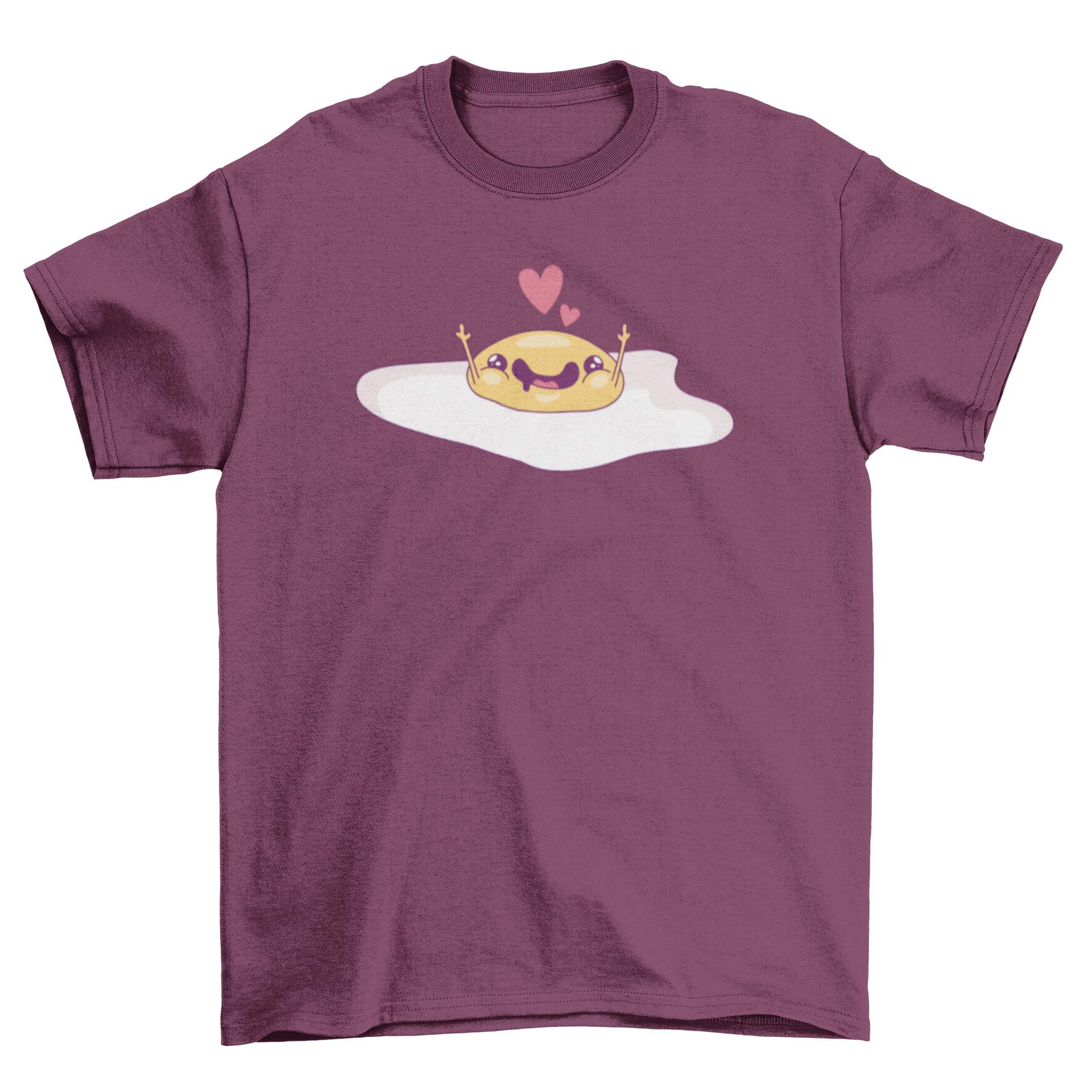 A cute fried egg graphic printed on a soft t-shirt, showcasing a playful design perfect for casual wear.