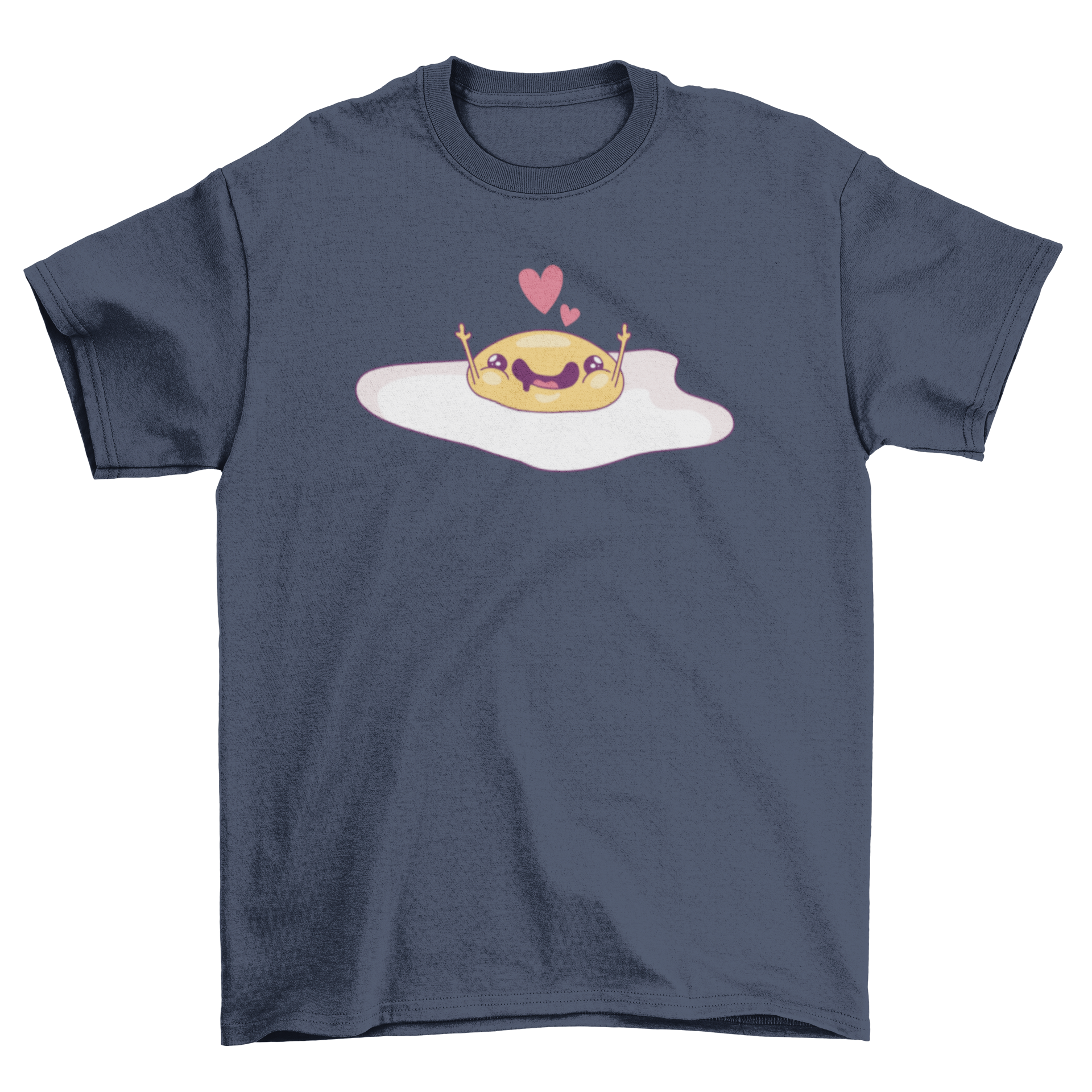 A cute fried egg graphic printed on a soft t-shirt, showcasing a playful design perfect for casual wear.