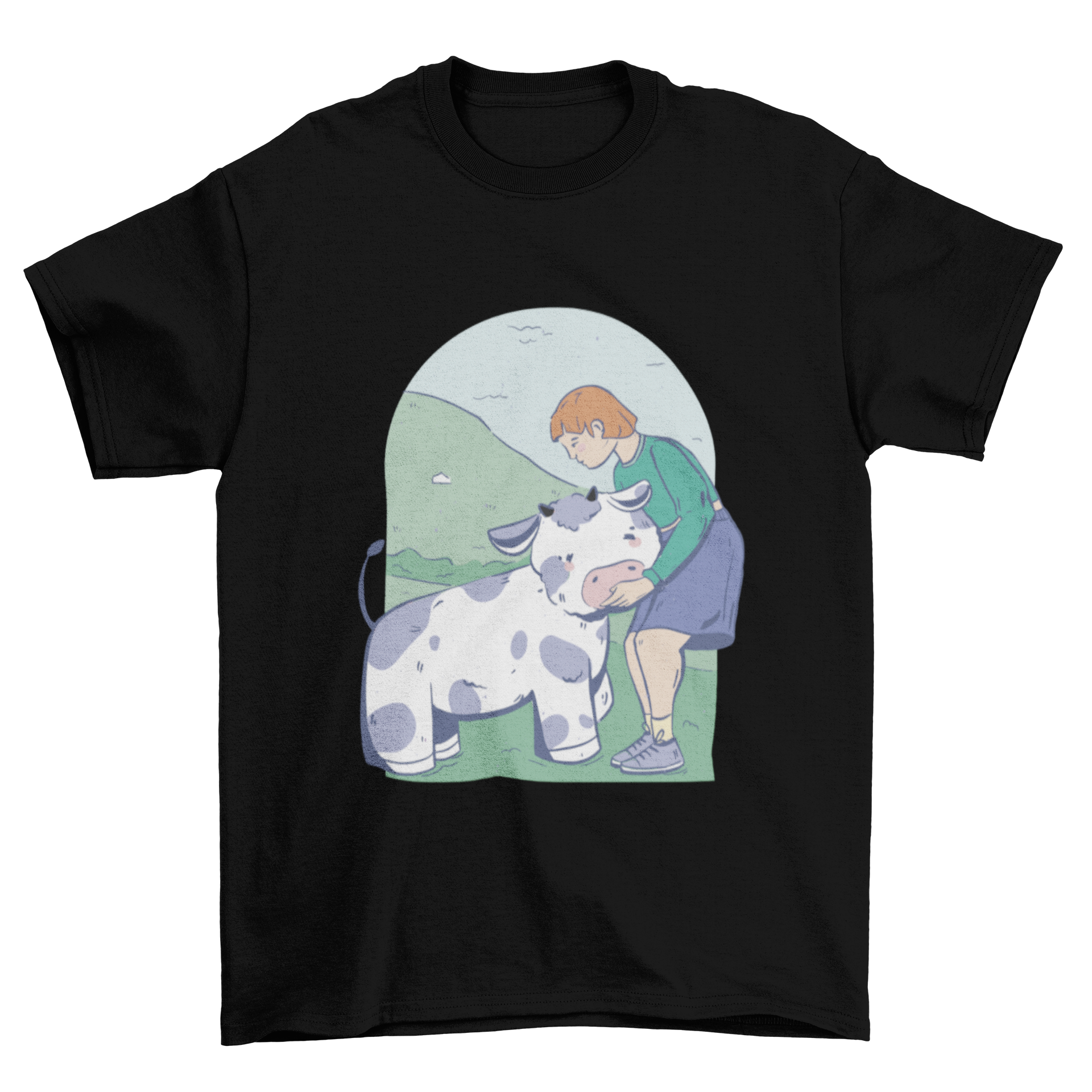 A cute t-shirt featuring a girl hugging a cow, showcasing a playful and colorful design.