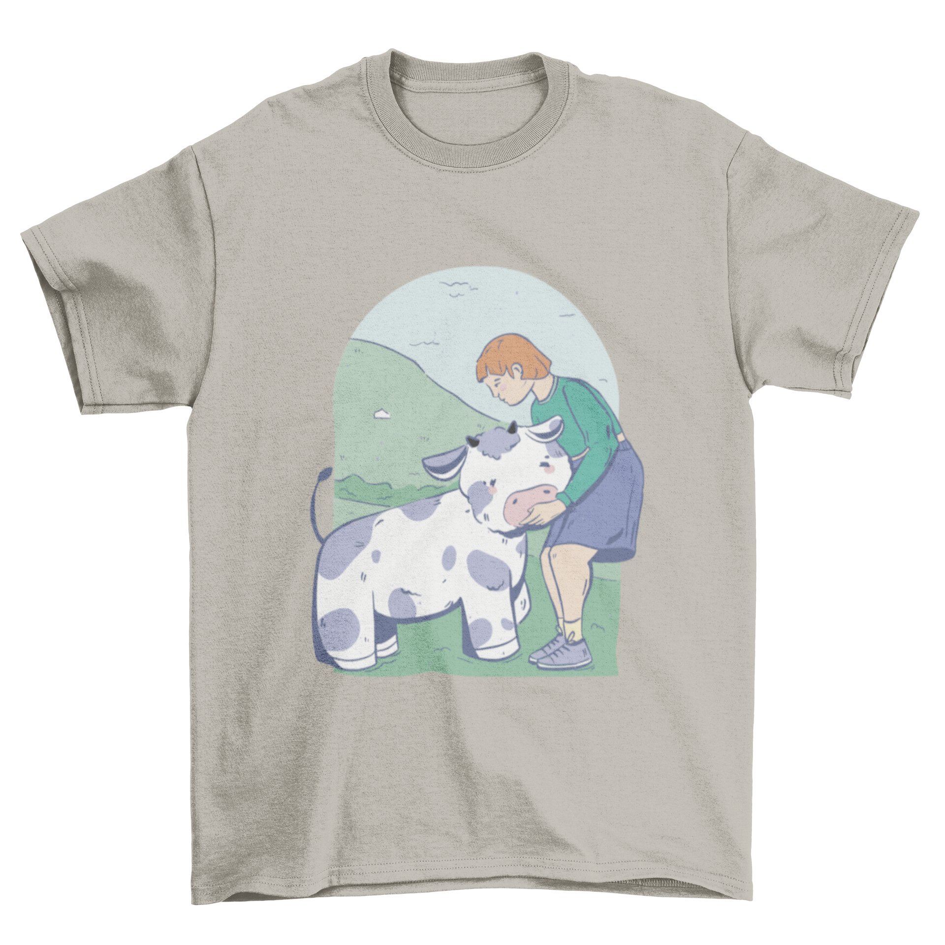 A cute t-shirt featuring a girl hugging a cow, showcasing a playful and colorful design.