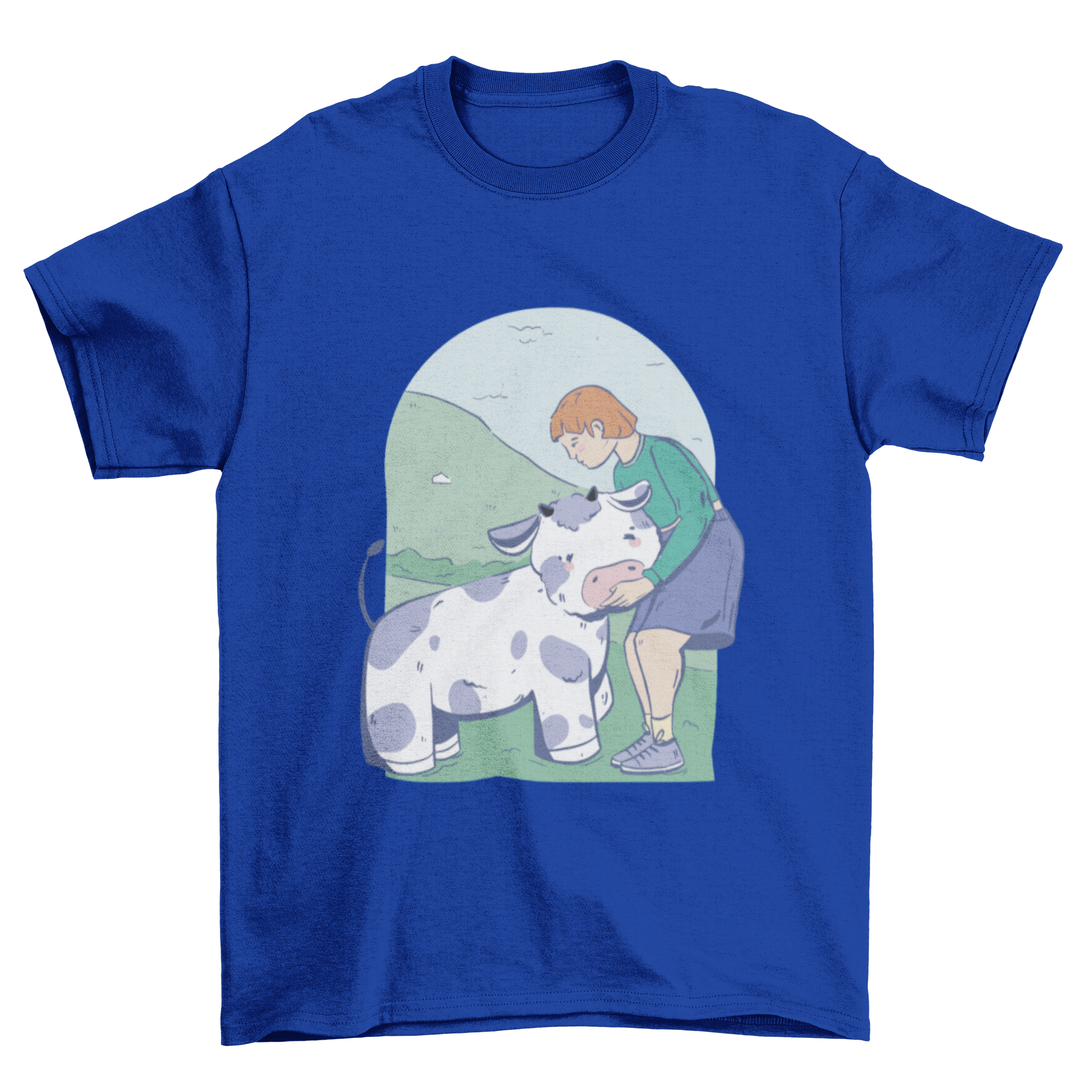 A cute t-shirt featuring a girl hugging a cow, showcasing a playful and colorful design.