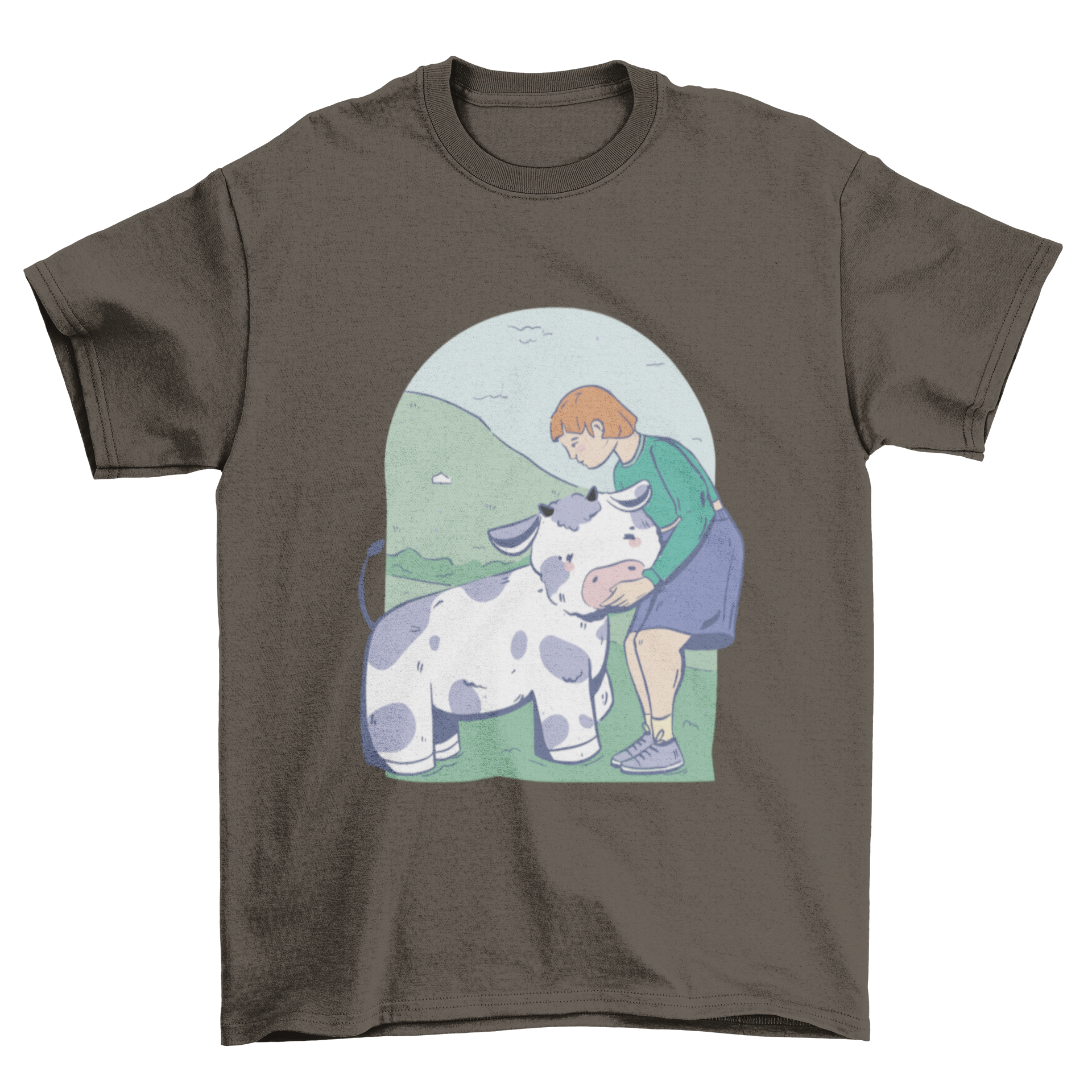 A cute t-shirt featuring a girl hugging a cow, showcasing a playful and colorful design.