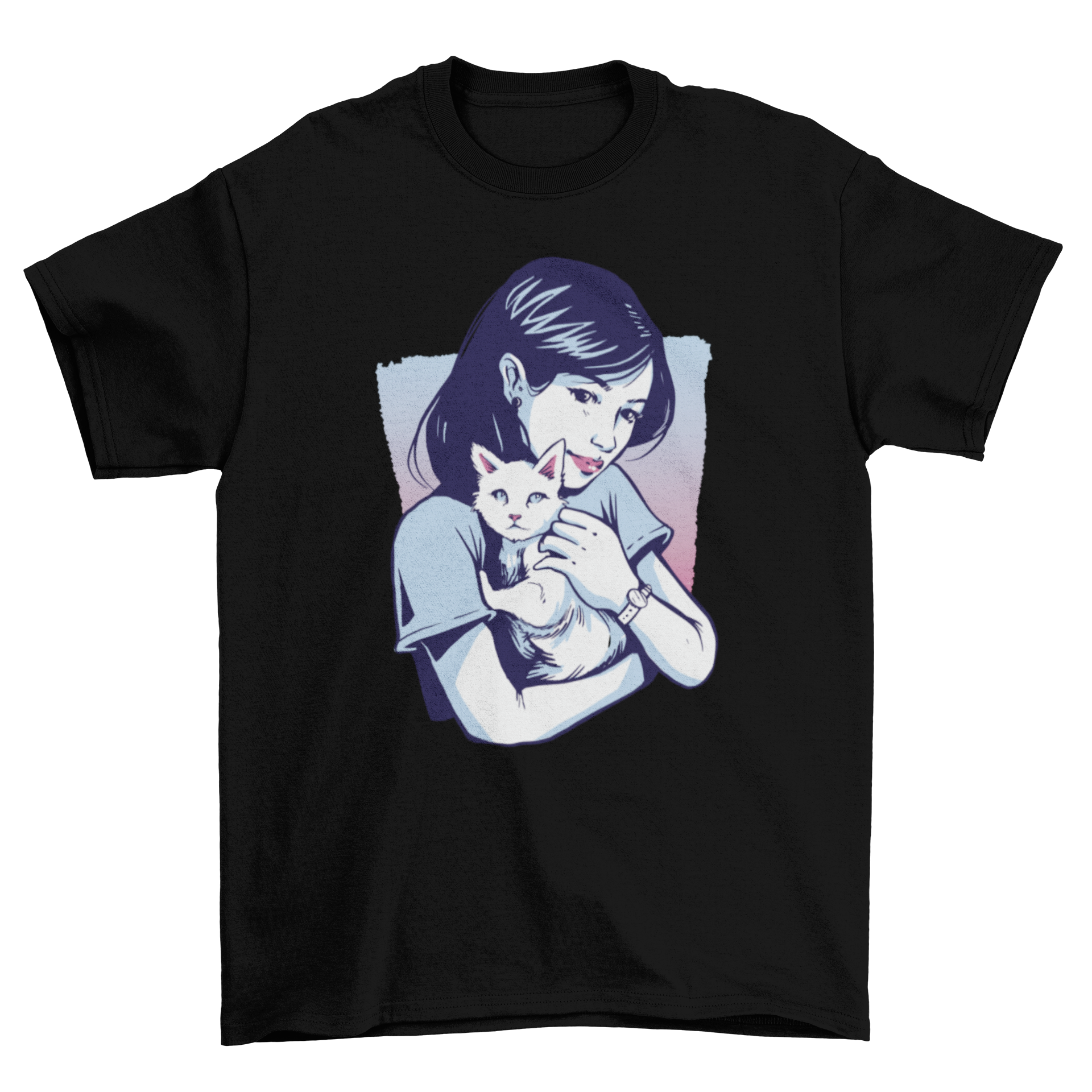 A cute t-shirt featuring a girl holding a white cat, showcasing a charming design for cat lovers.