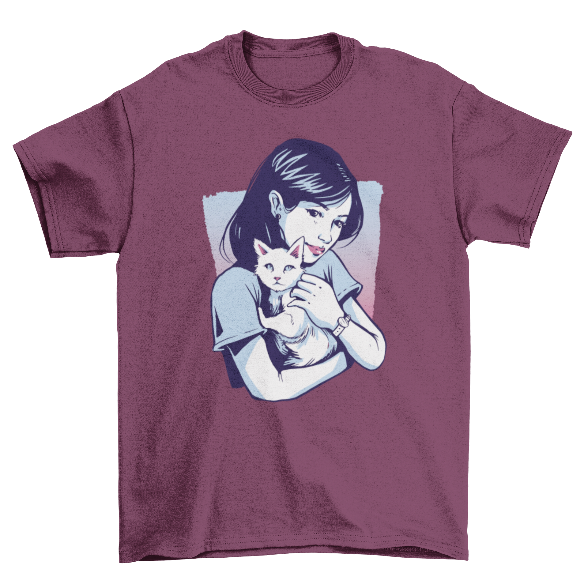 A cute t-shirt featuring a girl holding a white cat, showcasing a charming design for cat lovers.