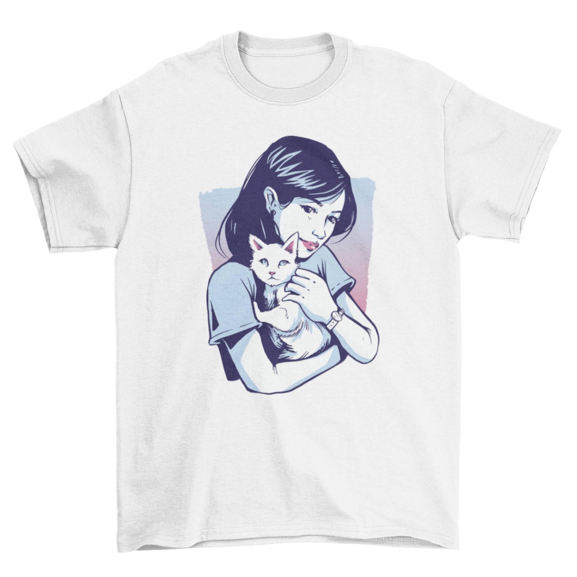 A cute t-shirt featuring a girl holding a white cat, showcasing a charming design for cat lovers.