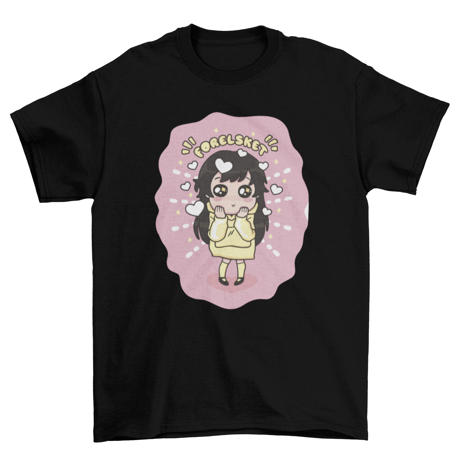 Cute girl illustration on a t-shirt with Norwegian quote 'Forelsket', symbolizing love.