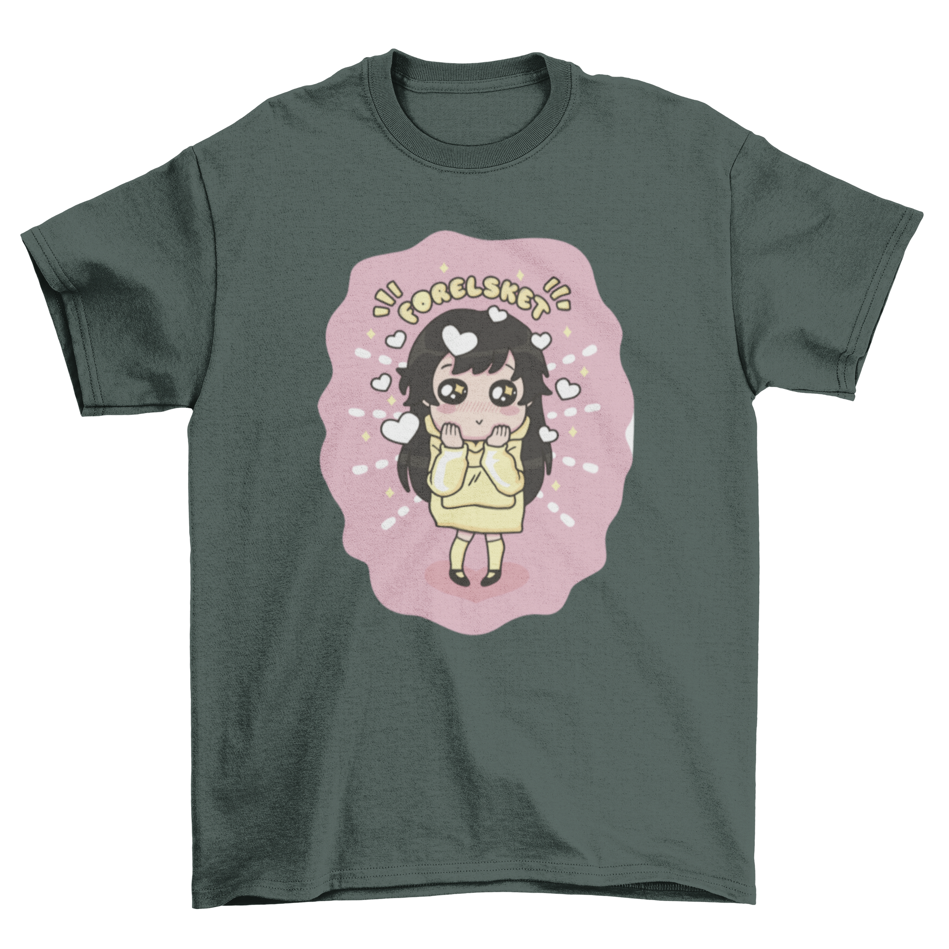 Cute girl illustration on a t-shirt with Norwegian quote 'Forelsket', symbolizing love.