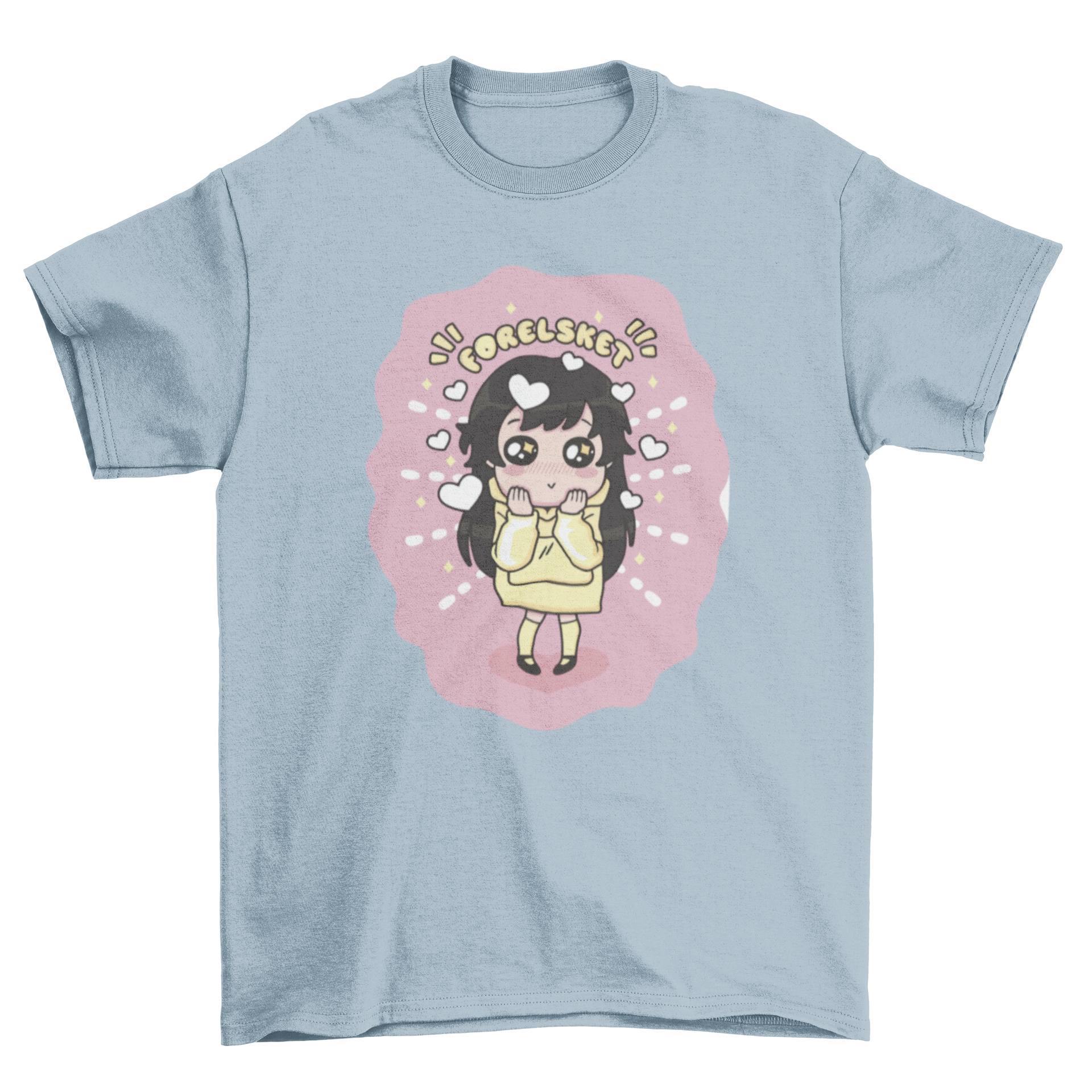 Cute girl illustration on a t-shirt with Norwegian quote 'Forelsket', symbolizing love.