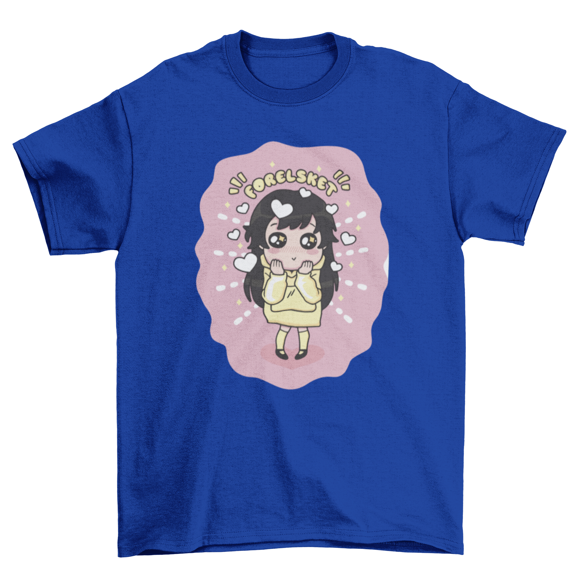 Cute girl illustration on a t-shirt with Norwegian quote 'Forelsket', symbolizing love.