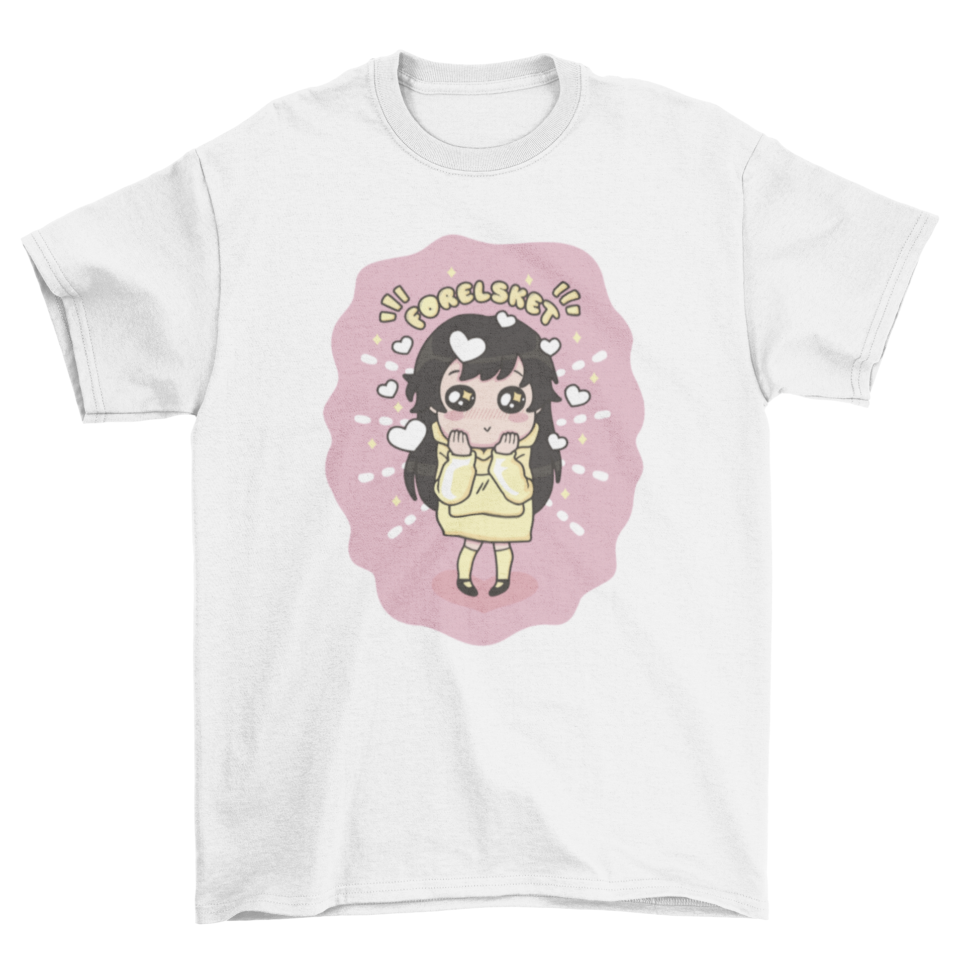 Cute girl illustration on a t-shirt with Norwegian quote 'Forelsket', symbolizing love.