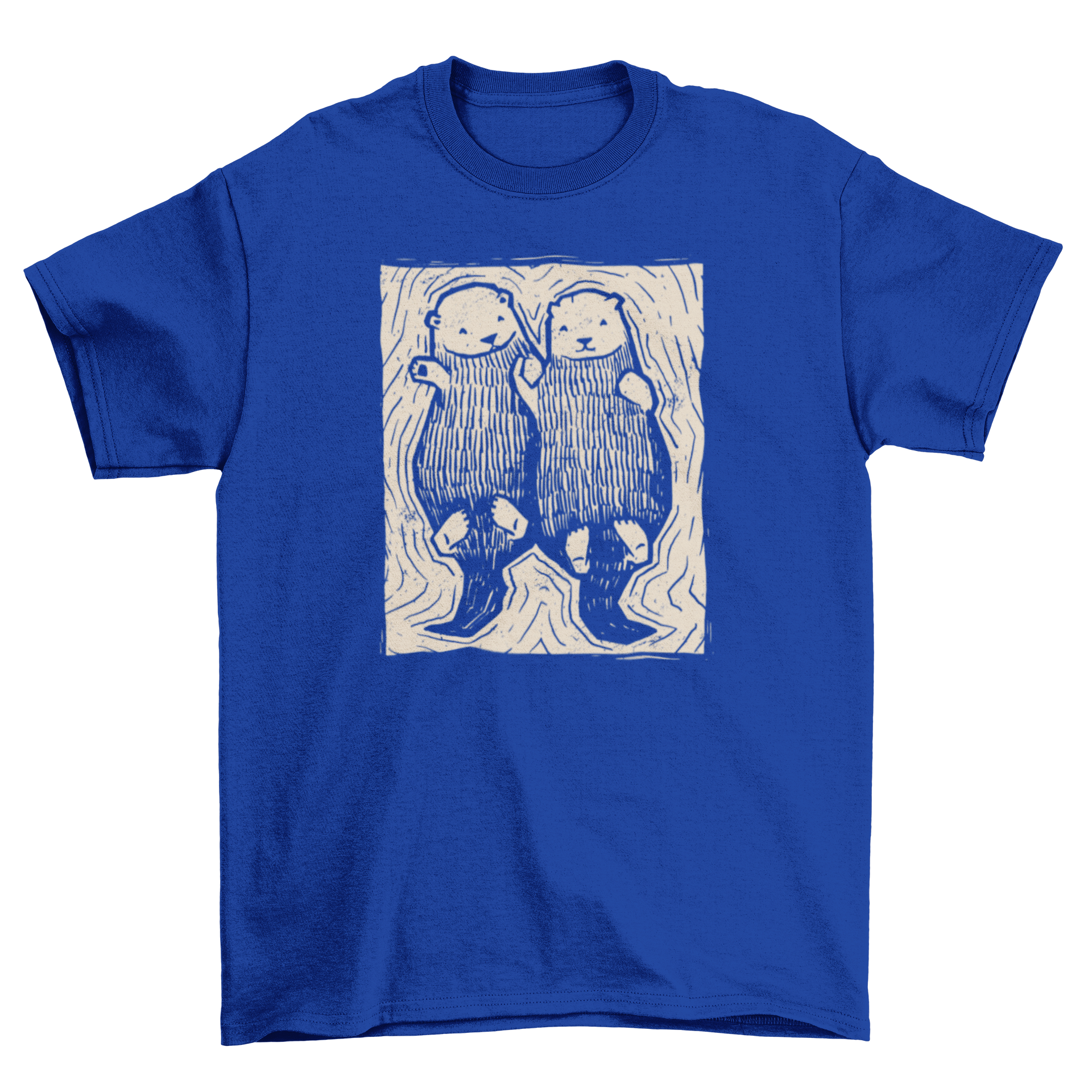 Cute hand drawn t-shirt design featuring two otters holding hands, showcasing a whimsical and charming illustration.