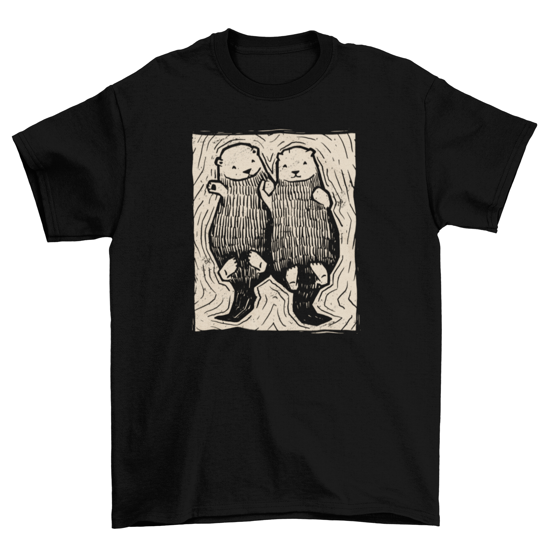 Cute hand drawn t-shirt design featuring two otters holding hands, showcasing a whimsical and charming illustration.