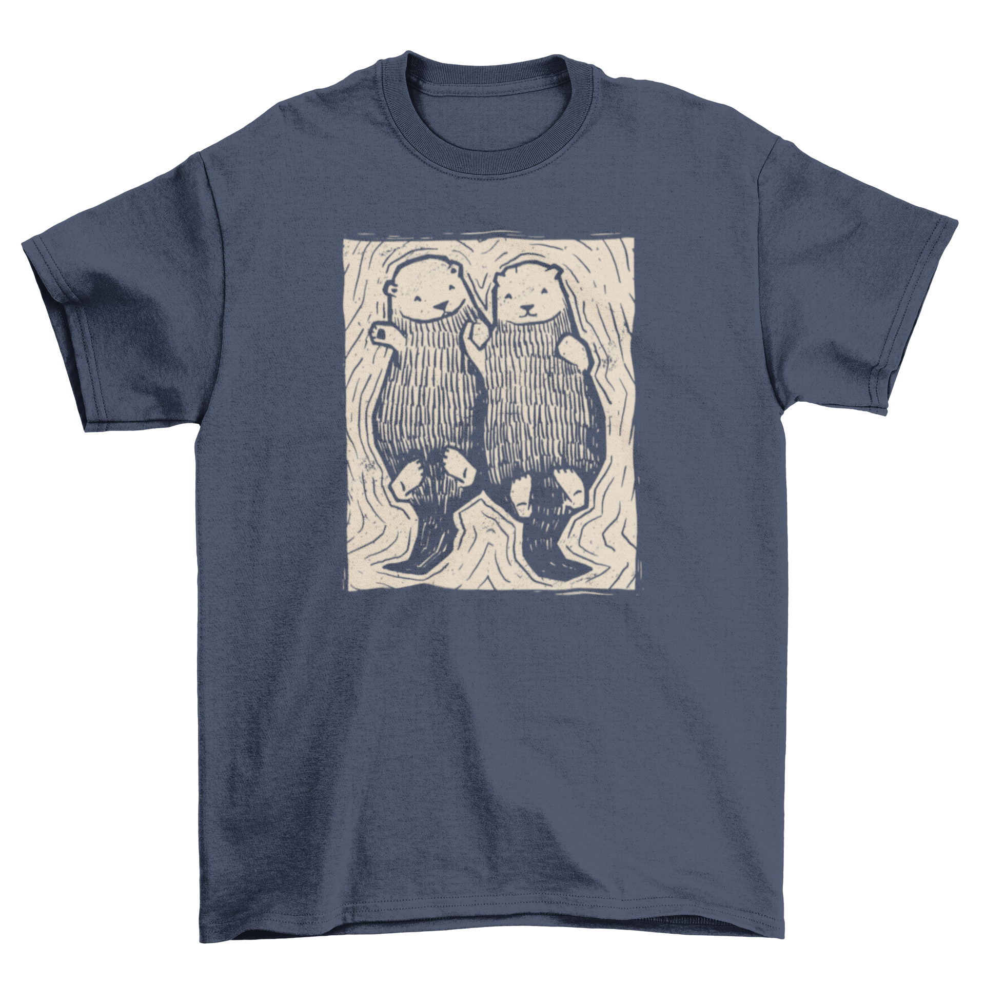 Cute hand drawn t-shirt design featuring two otters holding hands, showcasing a whimsical and charming illustration.