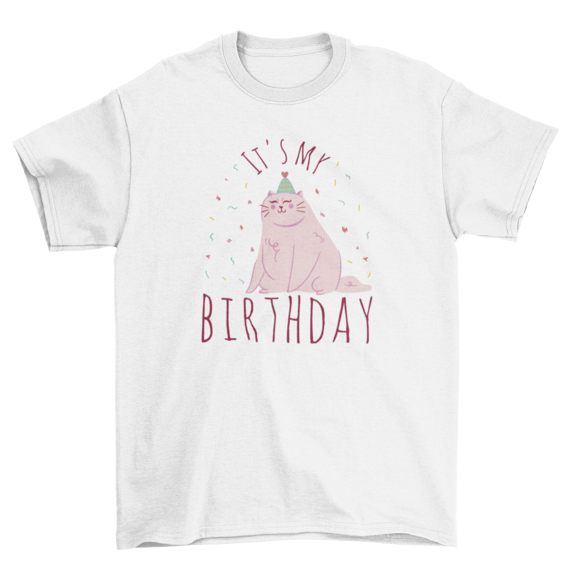 Cute t-shirt featuring a happy cat and the quote 'It's my birthday', perfect for birthday celebrations.