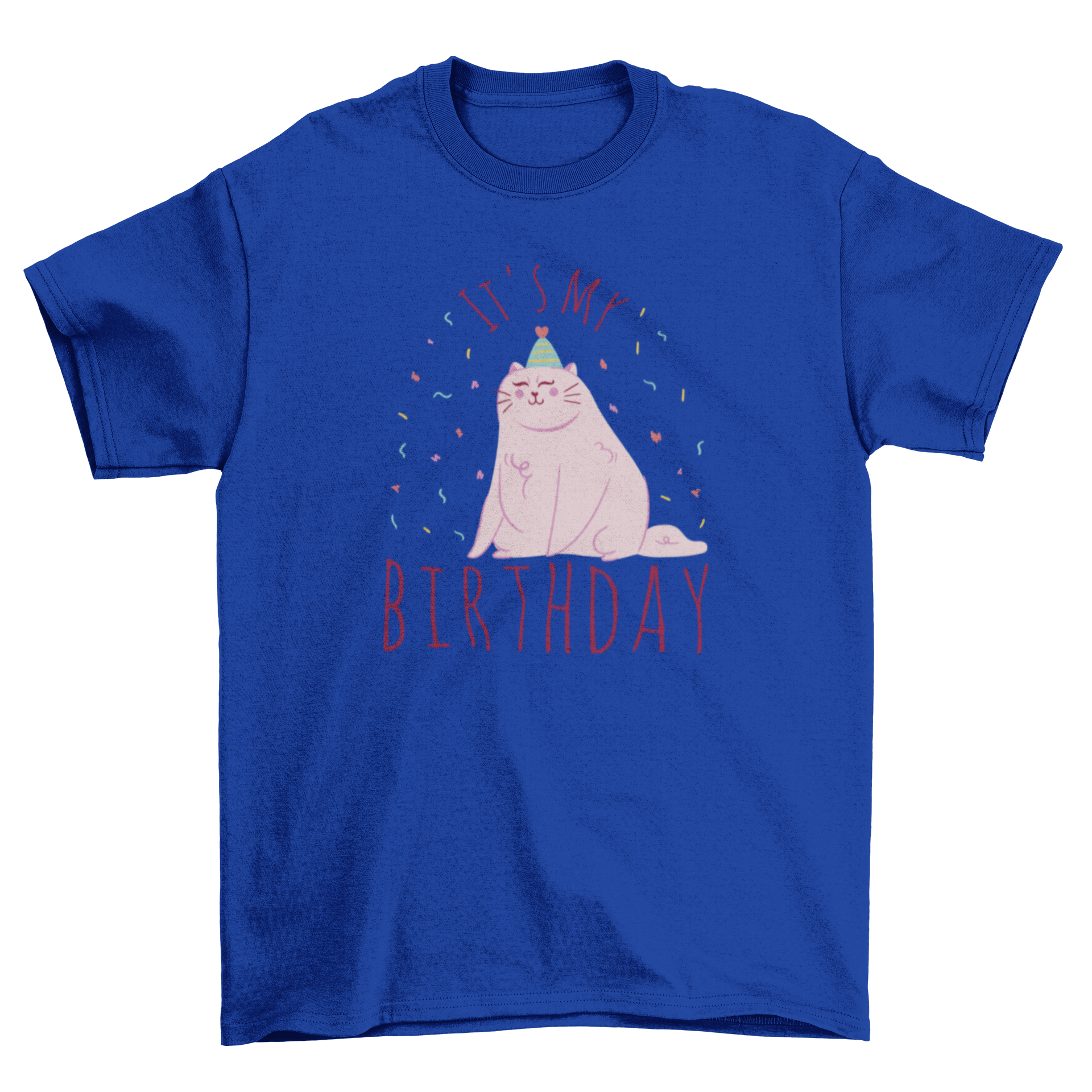 Cute t-shirt featuring a happy cat and the quote 'It's my birthday', perfect for birthday celebrations.