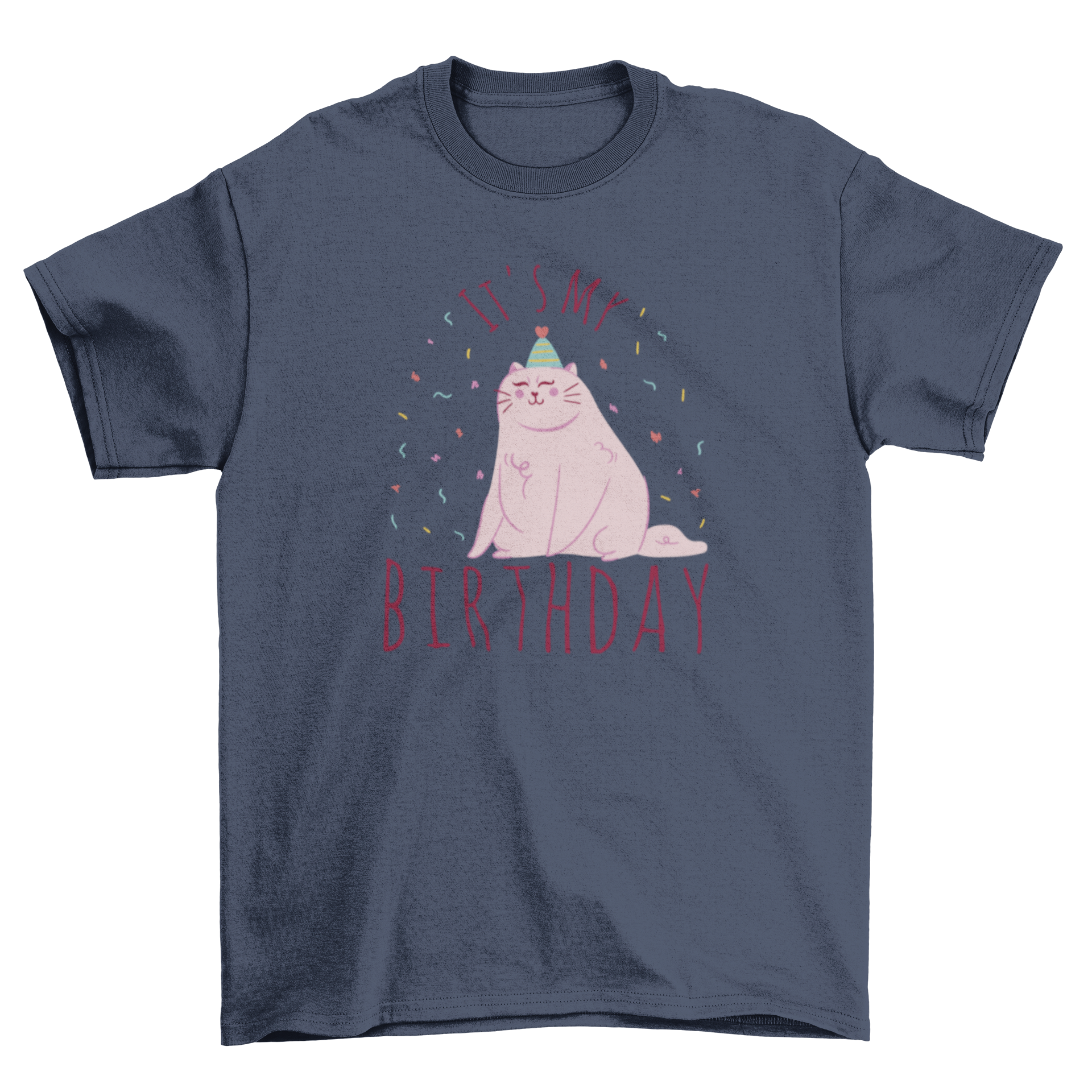 Cute t-shirt featuring a happy cat and the quote 'It's my birthday', perfect for birthday celebrations.