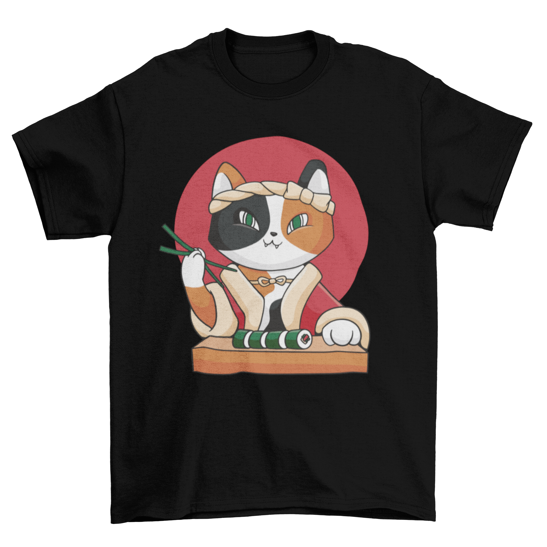 A cute cartoon cat happily eating sushi on a stylish t-shirt.