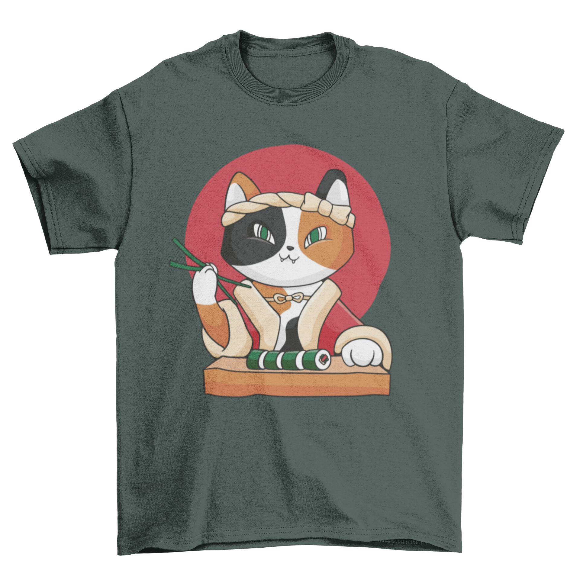 A cute cartoon cat happily eating sushi on a stylish t-shirt.