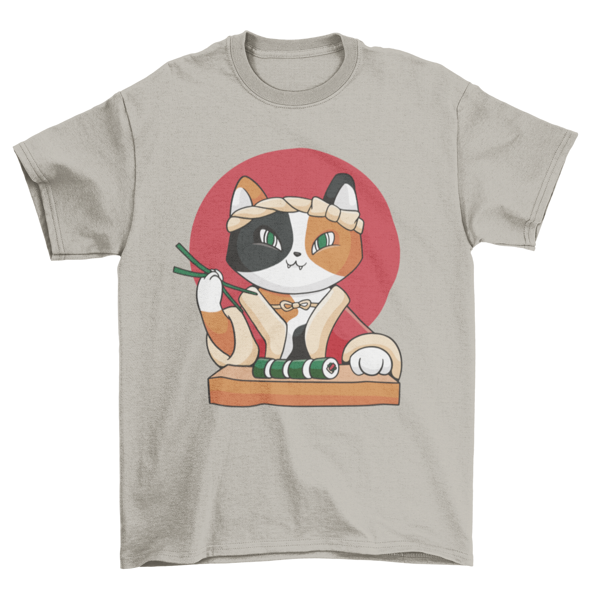 A cute cartoon cat happily eating sushi on a stylish t-shirt.