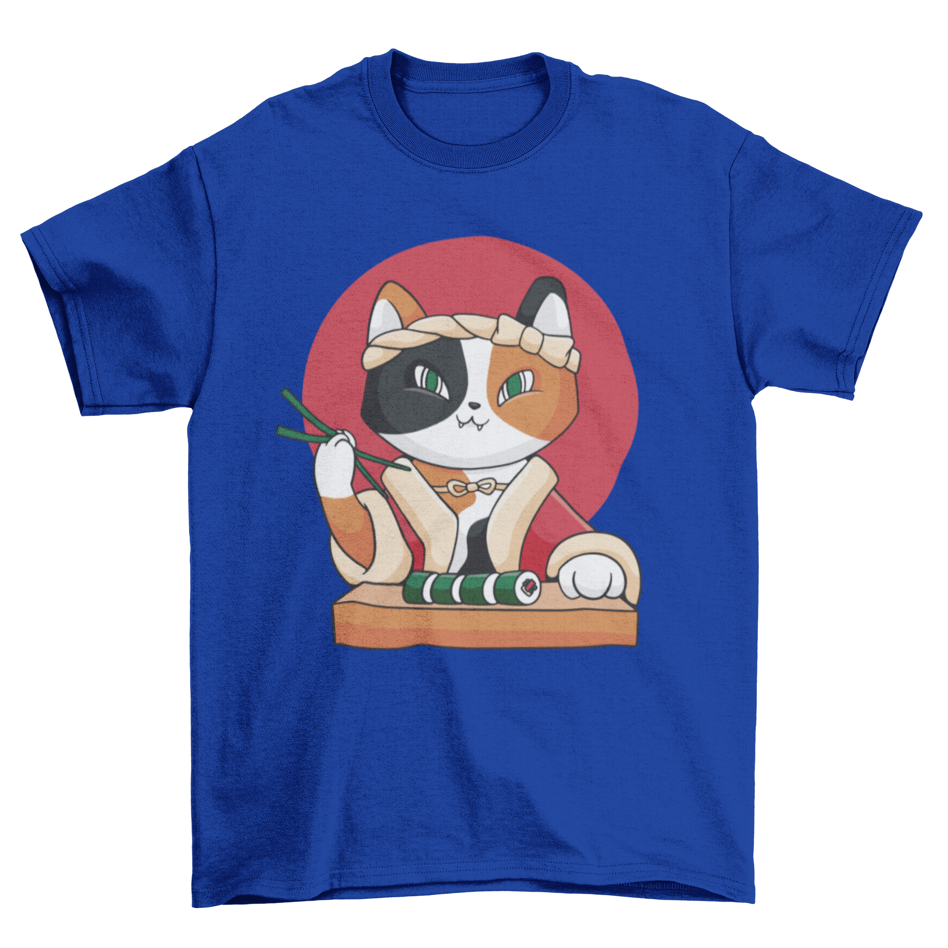 A cute cartoon cat happily eating sushi on a stylish t-shirt.