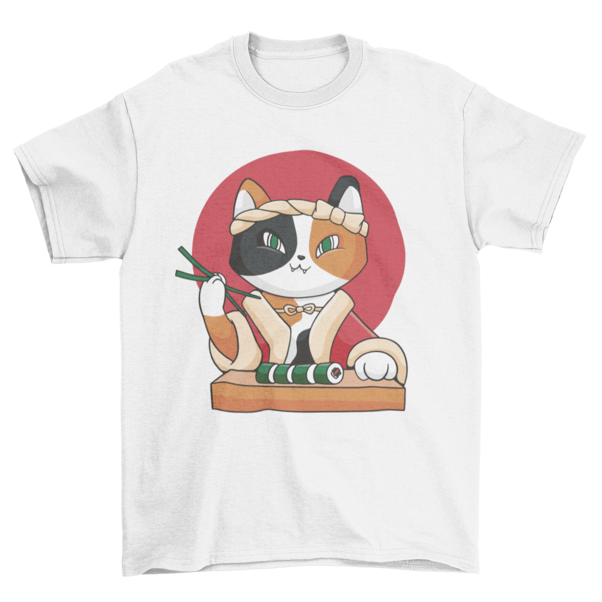 A cute cartoon cat happily eating sushi on a stylish t-shirt.