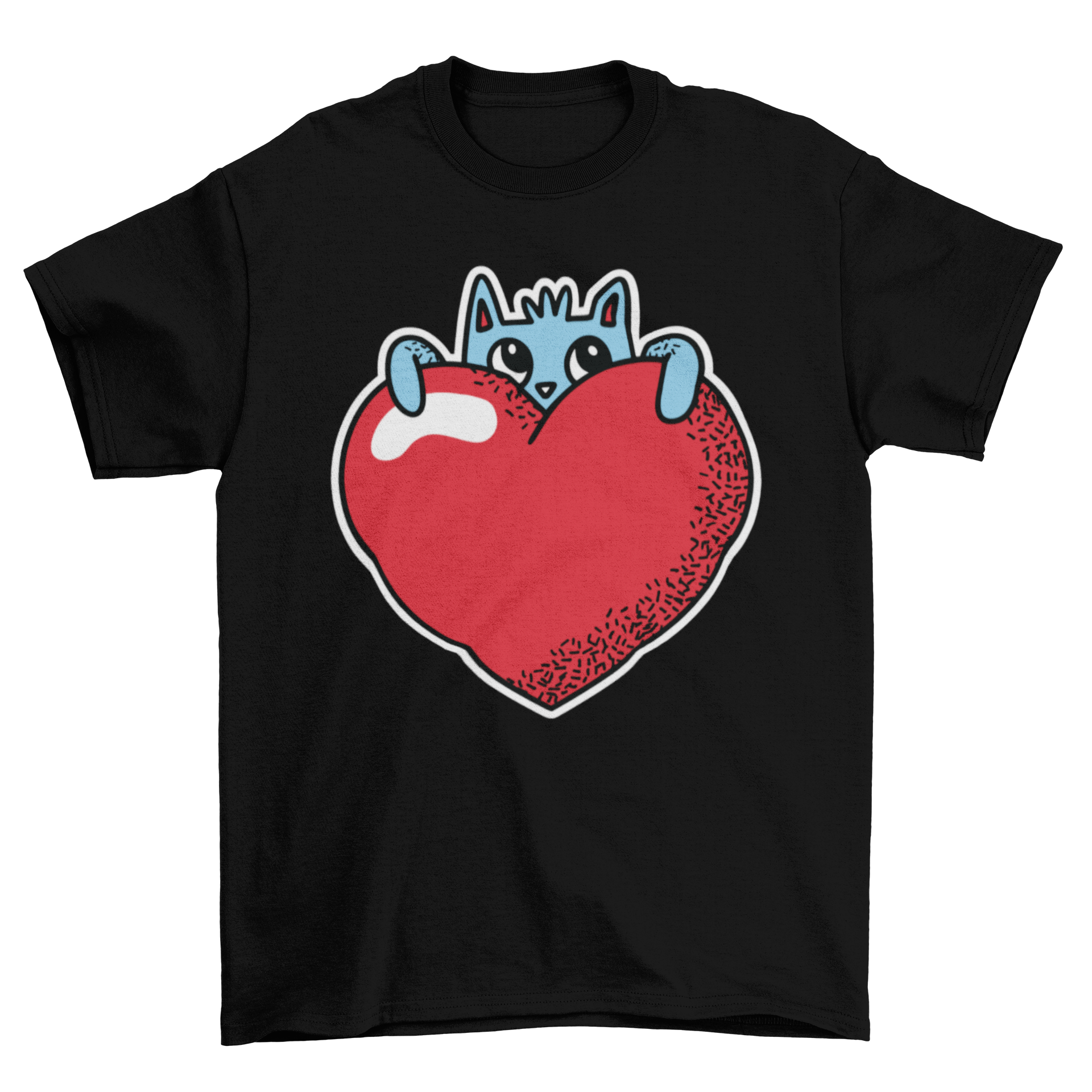 Cute heart cat t-shirt featuring a playful cat hiding behind a large heart, perfect for cat lovers.