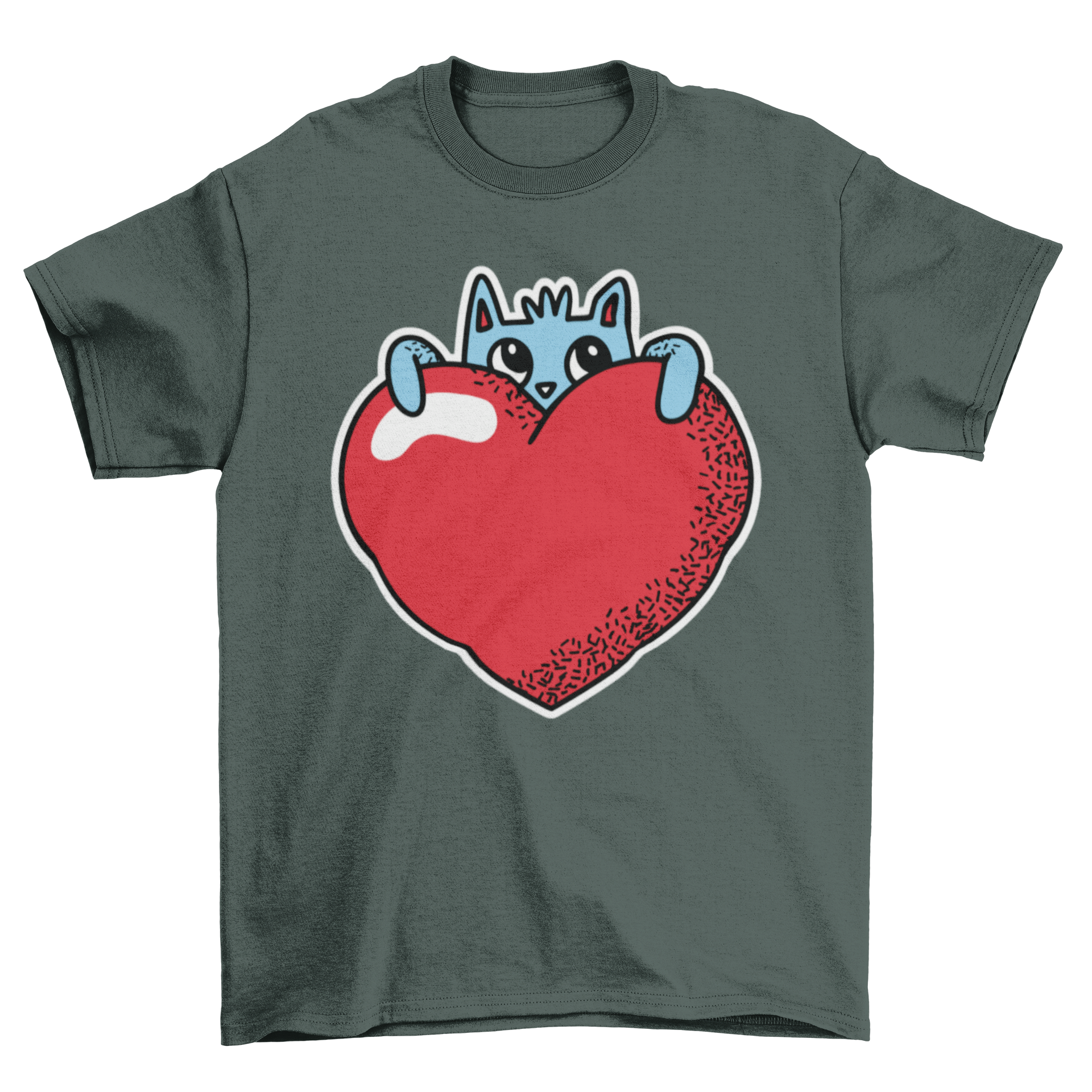 Cute heart cat t-shirt featuring a playful cat hiding behind a large heart, perfect for cat lovers.