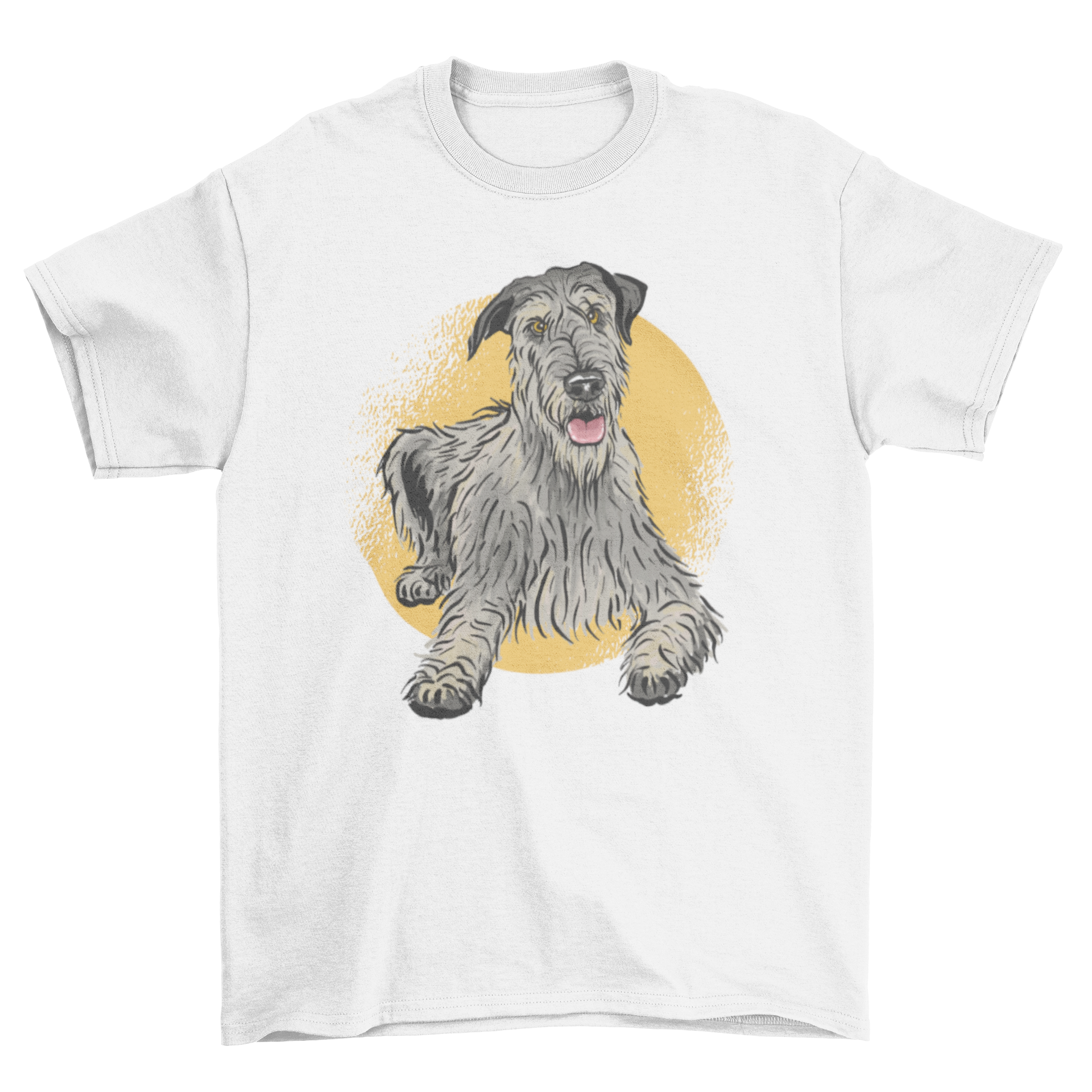 Cute hound dog t-shirt featuring an Irish wolfhound lying down, showcasing a charming graphic design.