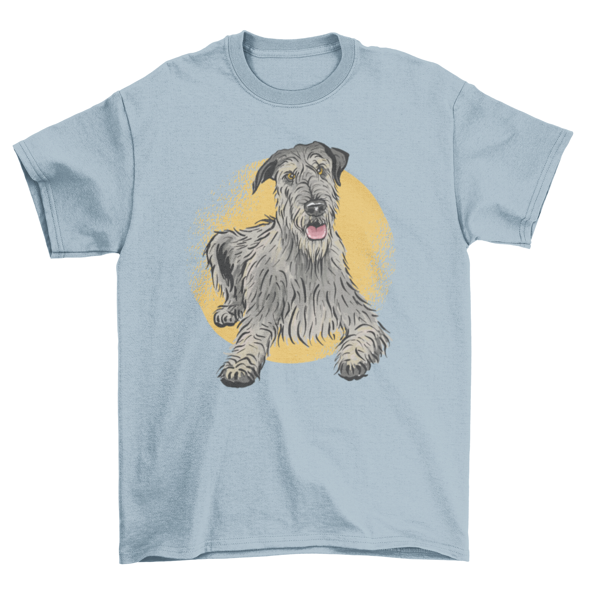 Cute hound dog t-shirt featuring an Irish wolfhound lying down, showcasing a charming graphic design.